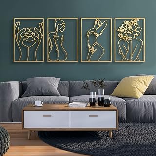 Glamativity 4-Pack Gold Metal Wall Art Decor - Minimalist Woman's Body Abstract Sculpture, Real Iron 3D Effect, 17x11.8 Inch Modern Decor
