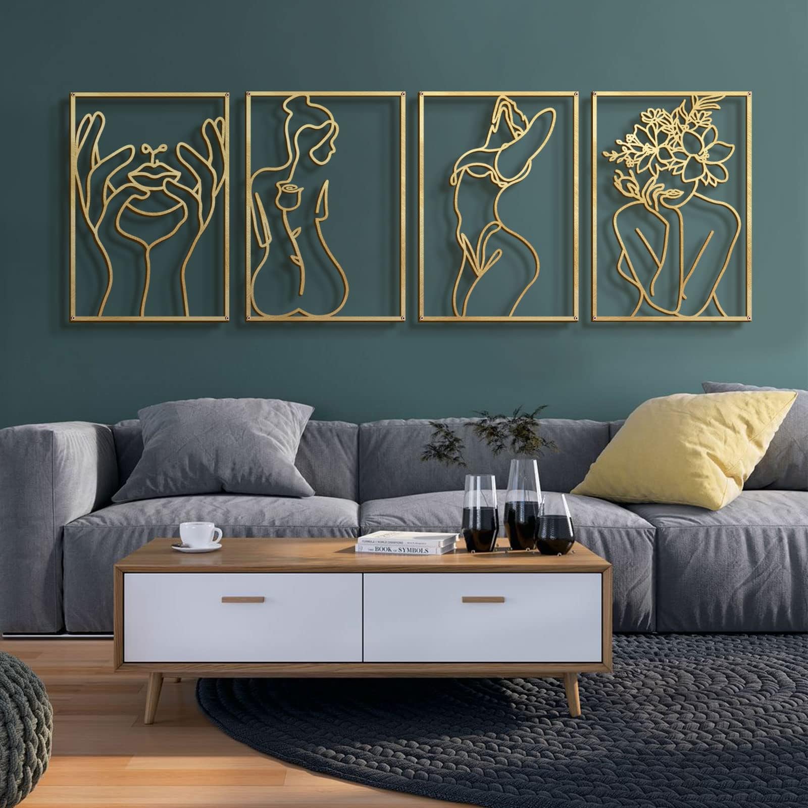 Glamativity 4 Pack Gold Wall Art Decor, Minimalist Single Line Real Metal Wall Art, Woman's Body Shape Abstract Wall Art (Gold Classic Style, 17 x 11.8'')