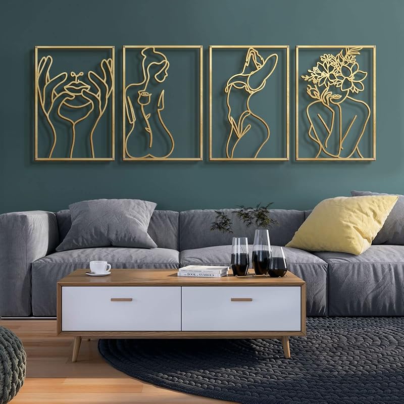 Glamativity Paquete de 4 decoración de pared dorada, minimalista de una sola línea, arte de pared de metal real, arte abstracto de pared con forma de cuerpo de mujer (estilo clásico dorado, 17 x 11,8 pulgadas)