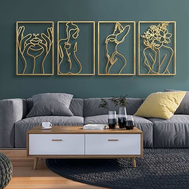 Glamativity 4 Pack Gold Wall Art Decor, Minimalist Single Line Real Meta...