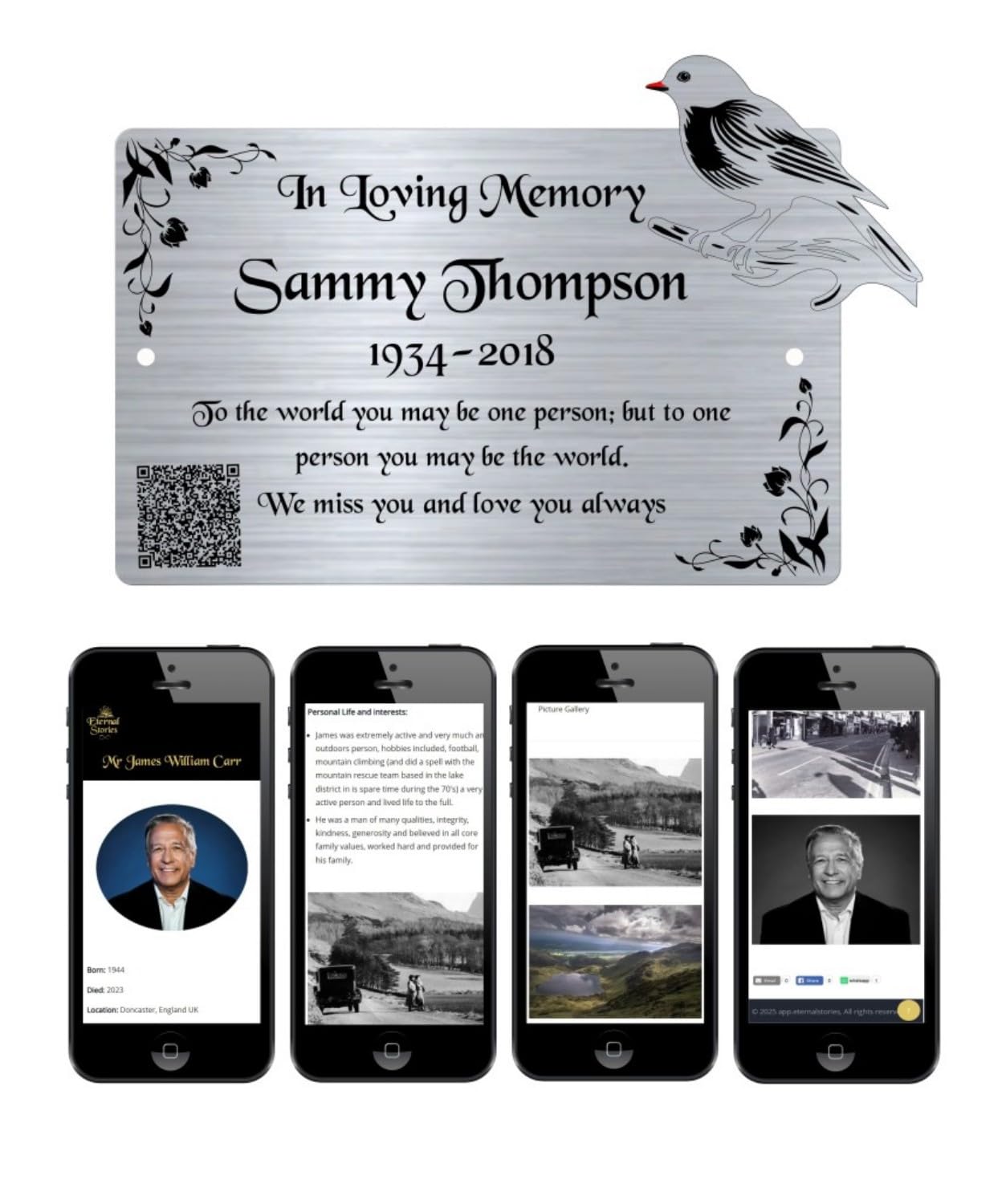 Gluca Silver Robin Personalised Memorial Plaque, 6X4 Engraved Bench Plaques, Includes Digital Tribute Page, Qr Code, Engraved Tree Sign, Gold, Weatherproof (Silver Robin)