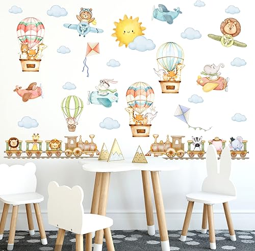 Calcomanías de pared de animales de tren de dibujos animados, calcomanías de pared de animales de avión, calcomanías de globo aerostático, acuarela,