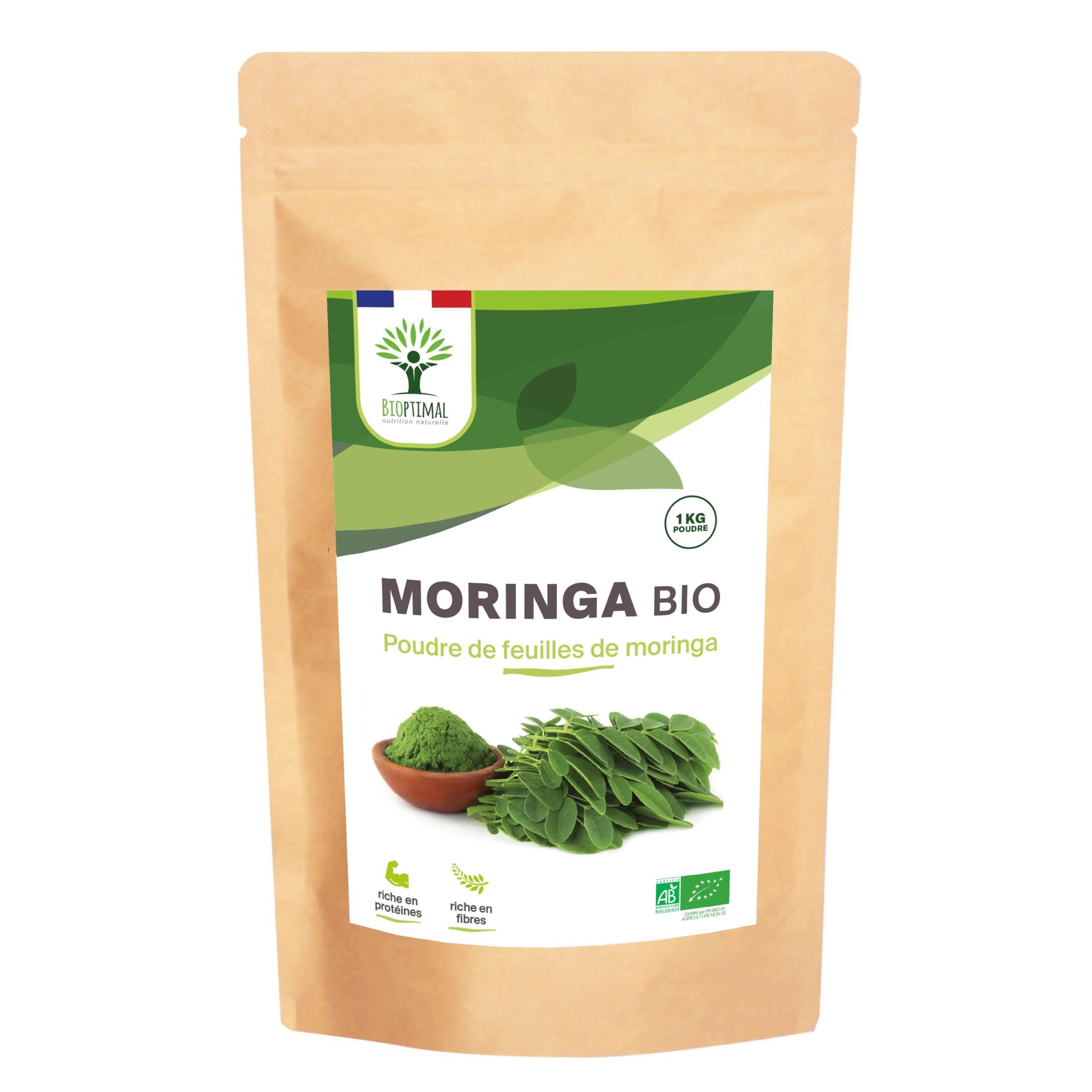 Moringa Bio - Bioptimal - En Poudre - 100% Feuille de Moringa Oleifera - Antioxydant Immunité Anti-Fatigue Cheveux - Vitamine A C E - Origine Kenya - Conditionné en France - Certifié Ecocert - 1kg