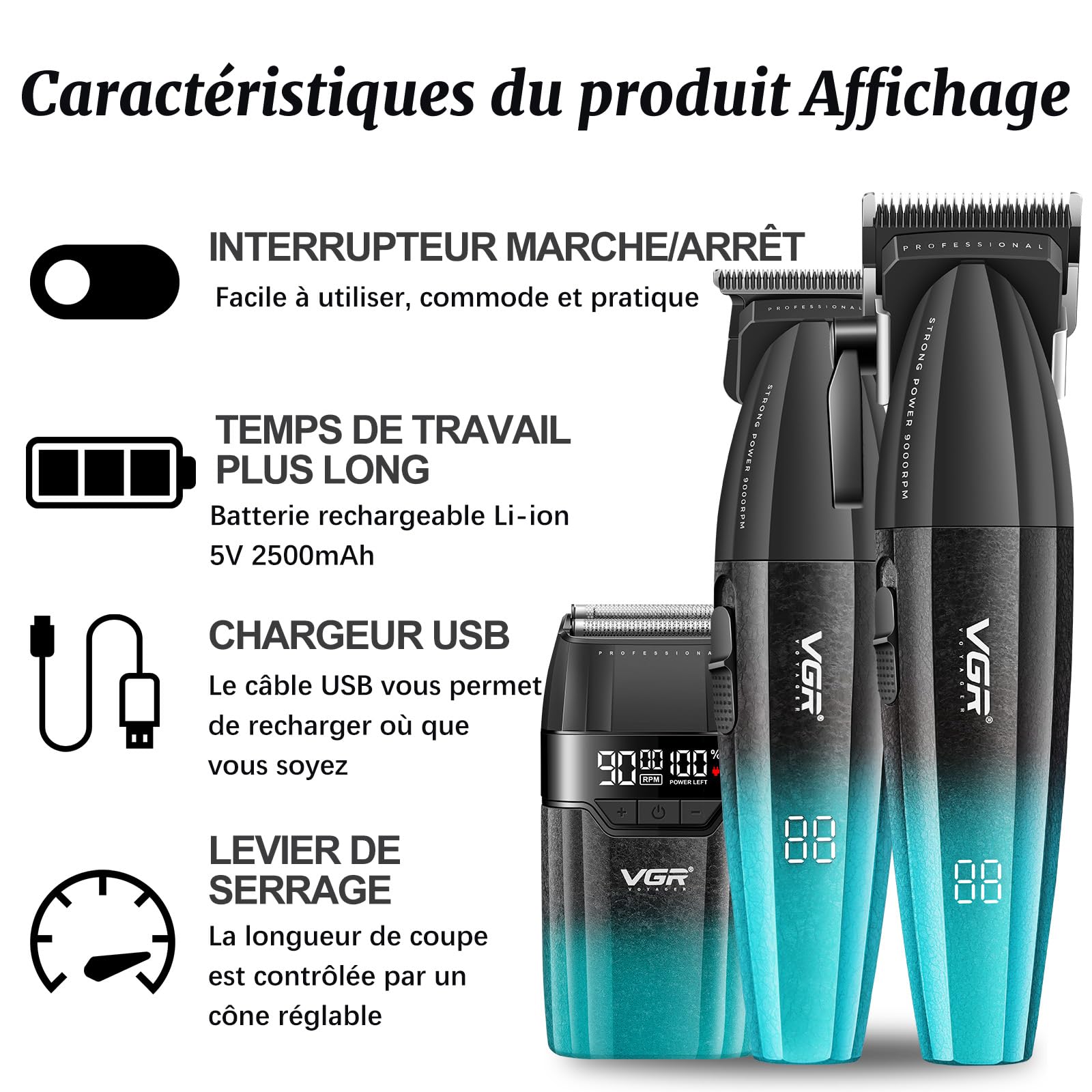 VGR 640 S3 Tondeuse Cheveux Homme Professionnel, Rechargeable Tondeuse Finition et Rasoir À Grille Kit de Coupe, Kit Coiffure Machine Sans Fil avec Écran Led pour Barbier et Usage Domestique, Vert