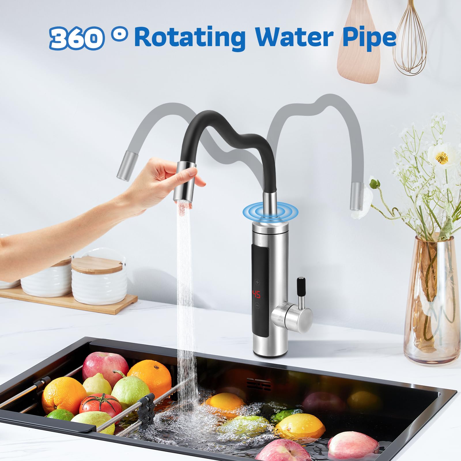 Rubinetto Elettrico Istantaneo Con Display Digitale LED - Riscalda In 3 Secondi, Tubo Girevole 360°, Temperatura Regolabile 30-50°C