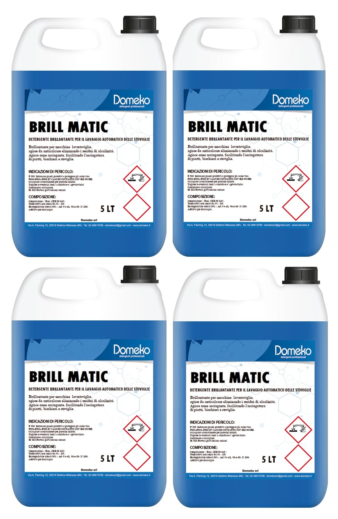 Domeko- BRILLANTANTE Liquido Professionale per LAVASTOVIGLIE LAVABICCHIERI E TAZZINE 4 Pezzi X 5 LT