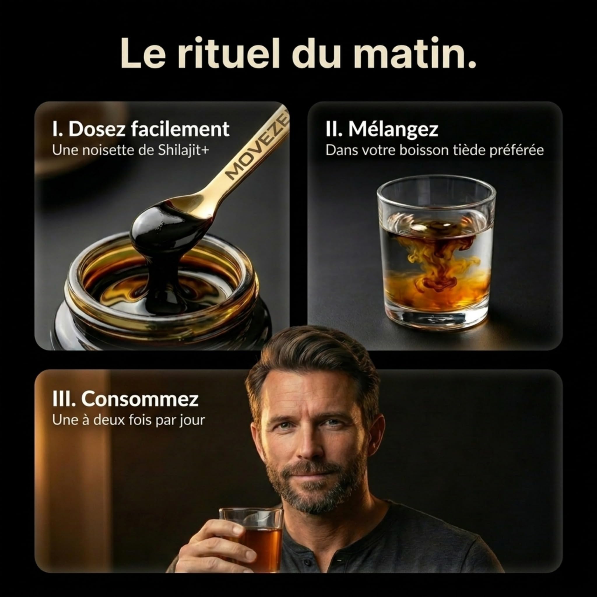 Shilajit+ Movezen, Résine de Shilajit Pure Naturelle 30 g, +75% Acide Fulvique, Himalaya 5000 m, 85 Minéraux & Oligo-Éléments, Analysé Eurofins France, Sans Additif, 600 mg, 50 Jours, Halal, Cuillère