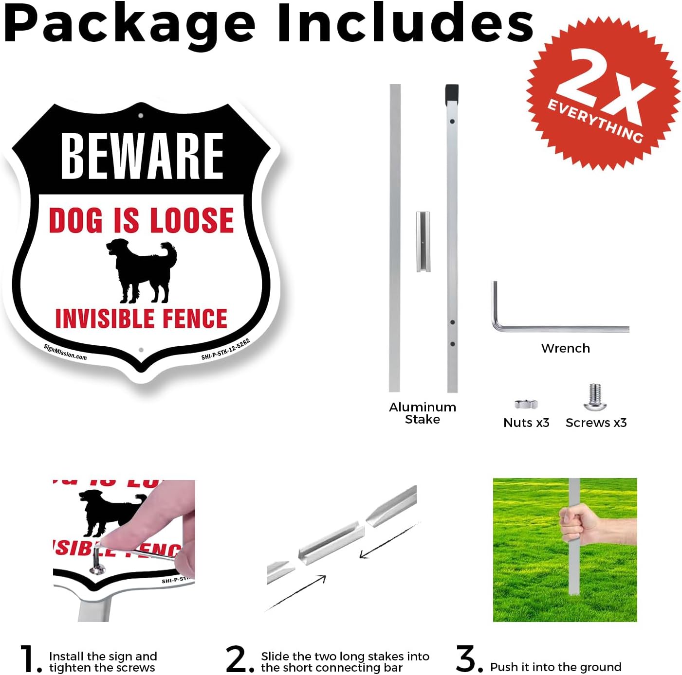 Beware Dog Is Loose Invisible Fence (2 Pack) 12 inch X 12 inch Shield Shaped Commercial Grade Plastic Signs with Aluminum Mounting Stakes Weather Resistant Made in the USA