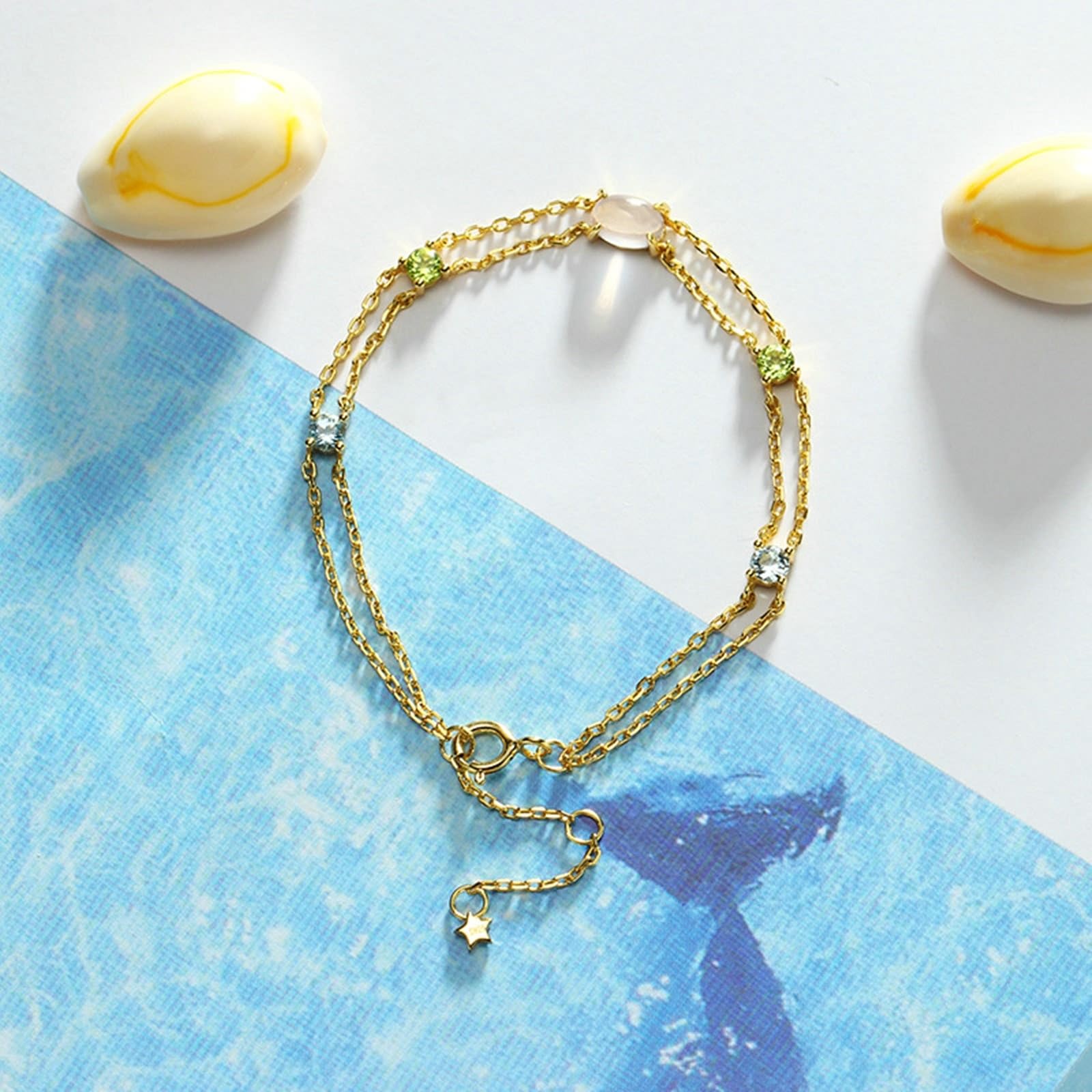 Gelbgold Au 375/585/750 Armband Echt Gold Schmuck mit Oval Rose Mondstein Doppelschicht