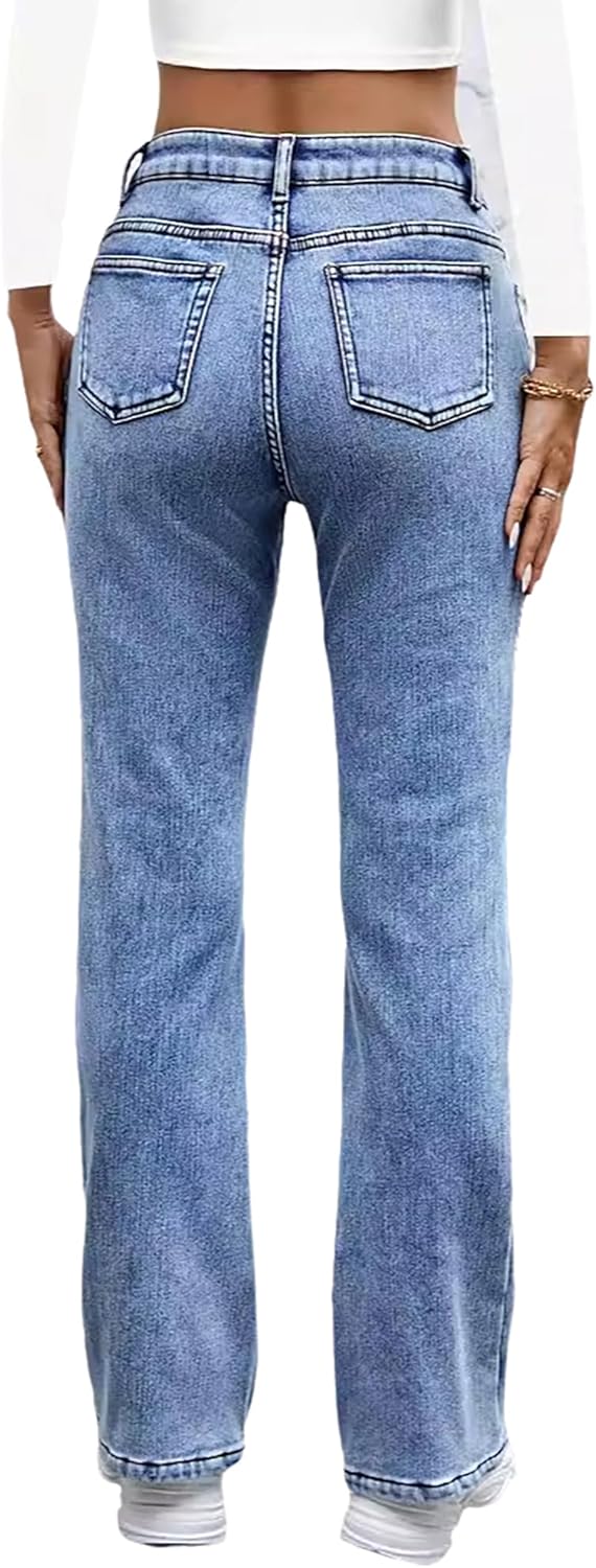 Women's Winter Fleece Lined Jeans Mid Rise Stretchy Thermal Straight Leg Denim Pants