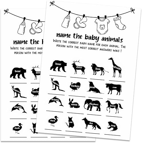 Juegos de baby shower, suministros de fiesta de baby shower, 30 nombres de los animales del bebé, suministros de fiesta de baby shower, juegos de