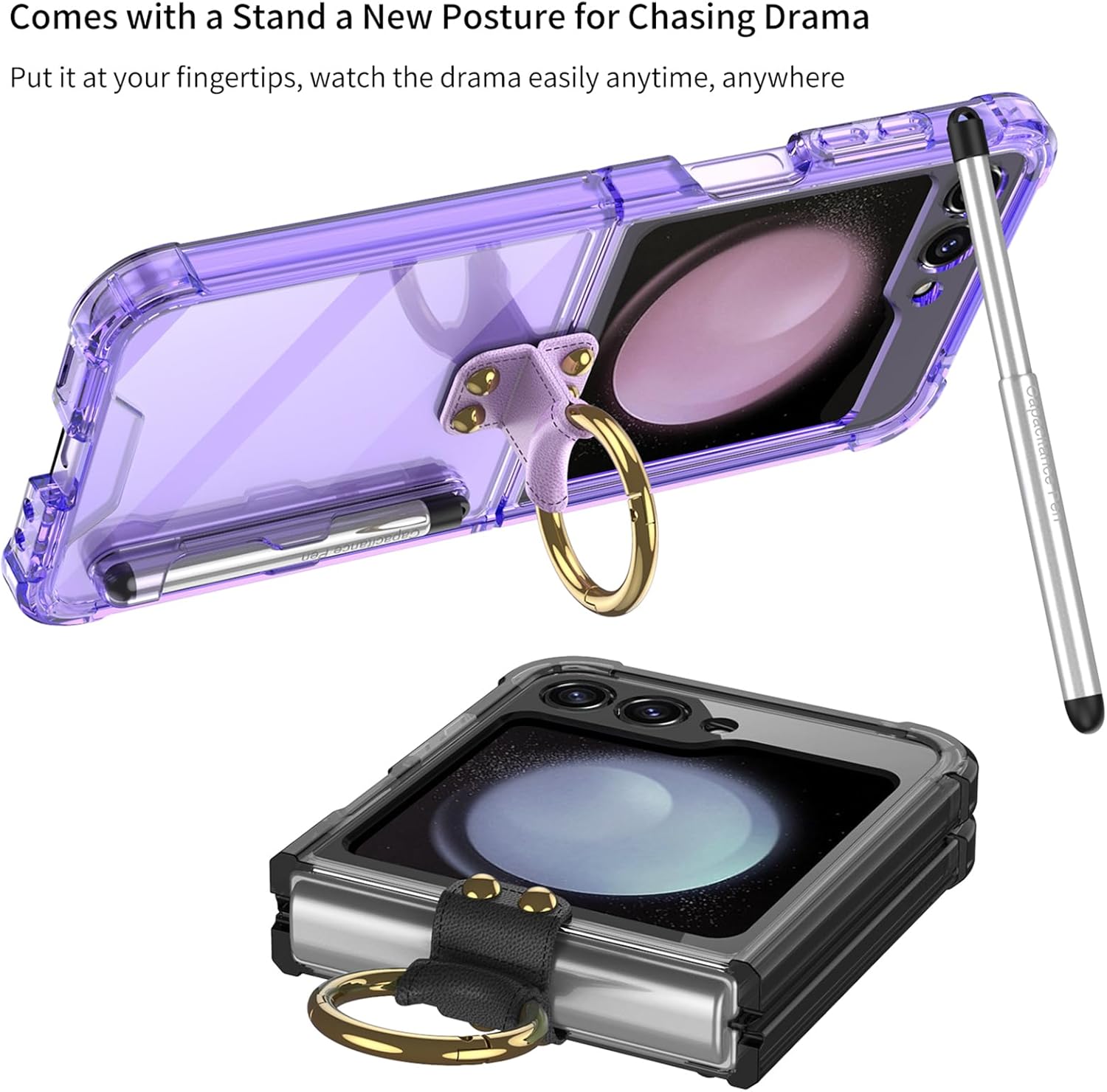 for Samsung Galaxy Z Flip 5 Clear Case with Pen and Ring,Ultra Thin Transparent Anti-Fall Phone Protective Cover for Samsung Galaxy Z Flip 5 5G (ZFlip5-Ring-Purple)