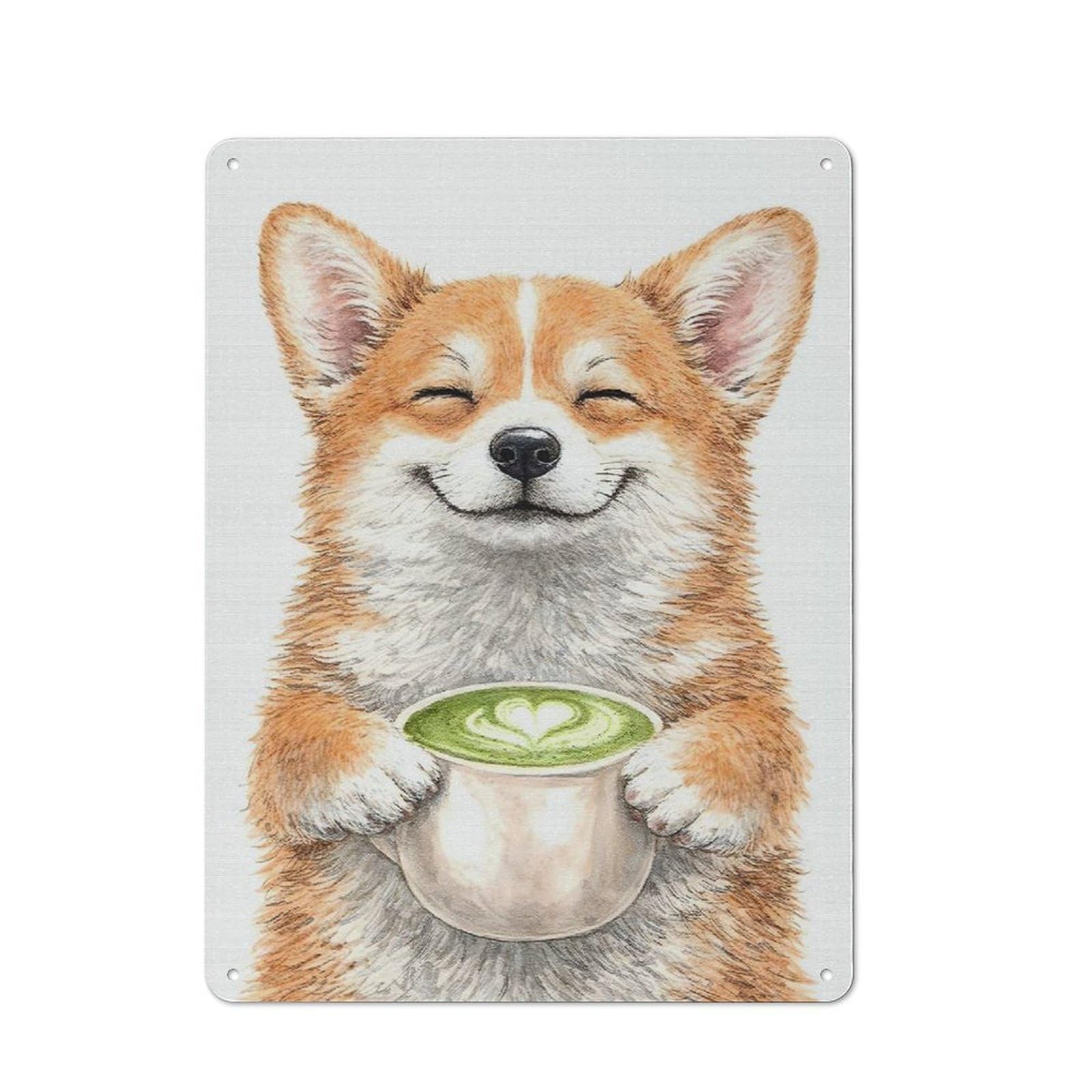 Junmoney Style-18 Happy Corgi With Matcha Latte Tin Wall Sign 40X30cm, Country Style Bistro Wall Plaque For Coffee Bar, Kitchen, Bistro Or Tea Corner