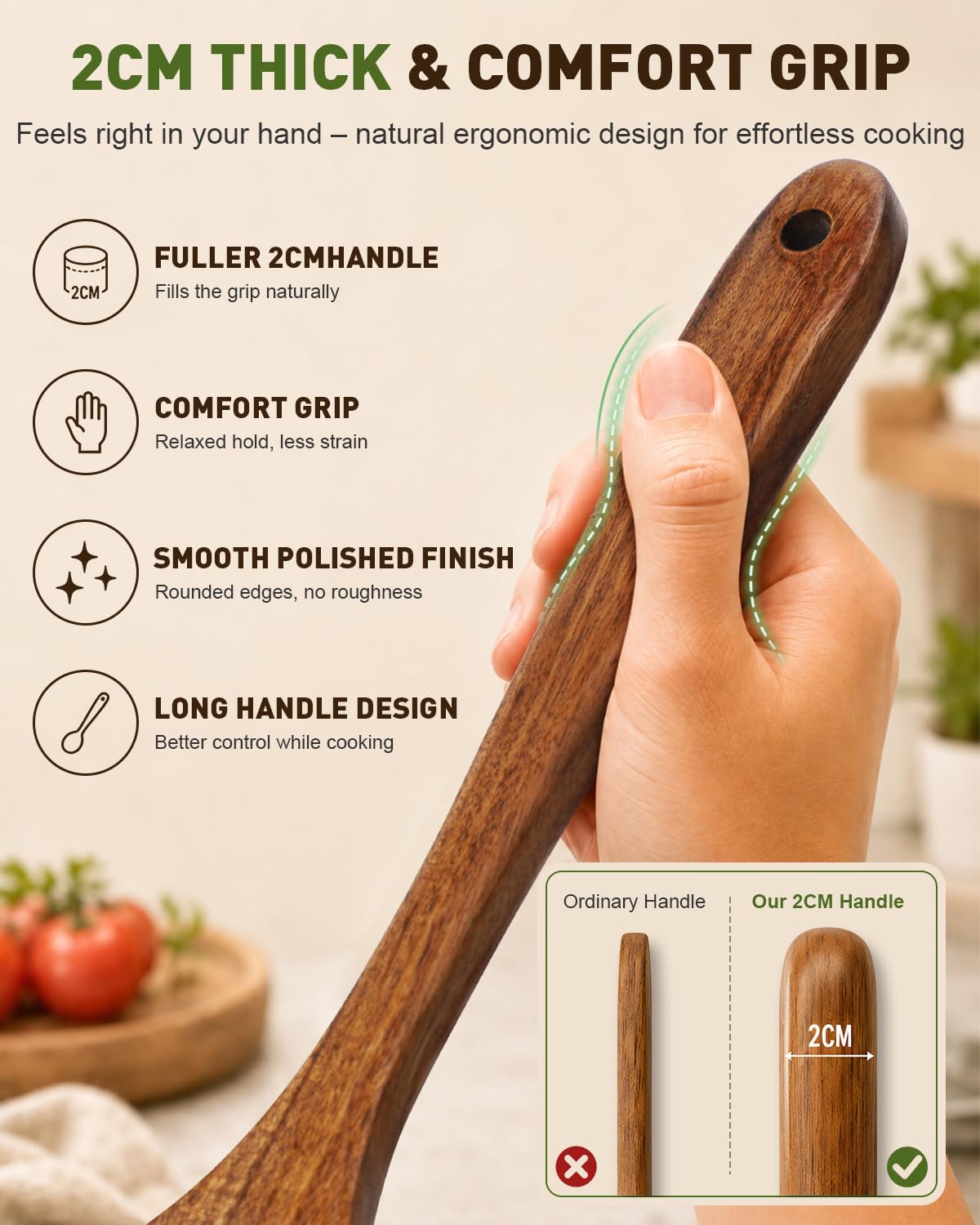 7 PCS Natural Solid Teak Wooden Kitchen Utensil Set with Holder | Heat Resistant, Non-Scratch, Safe for Nonstick Pan, Easy to Clean, Daily Cooking Use, Holder and 6 Hooks for Organization