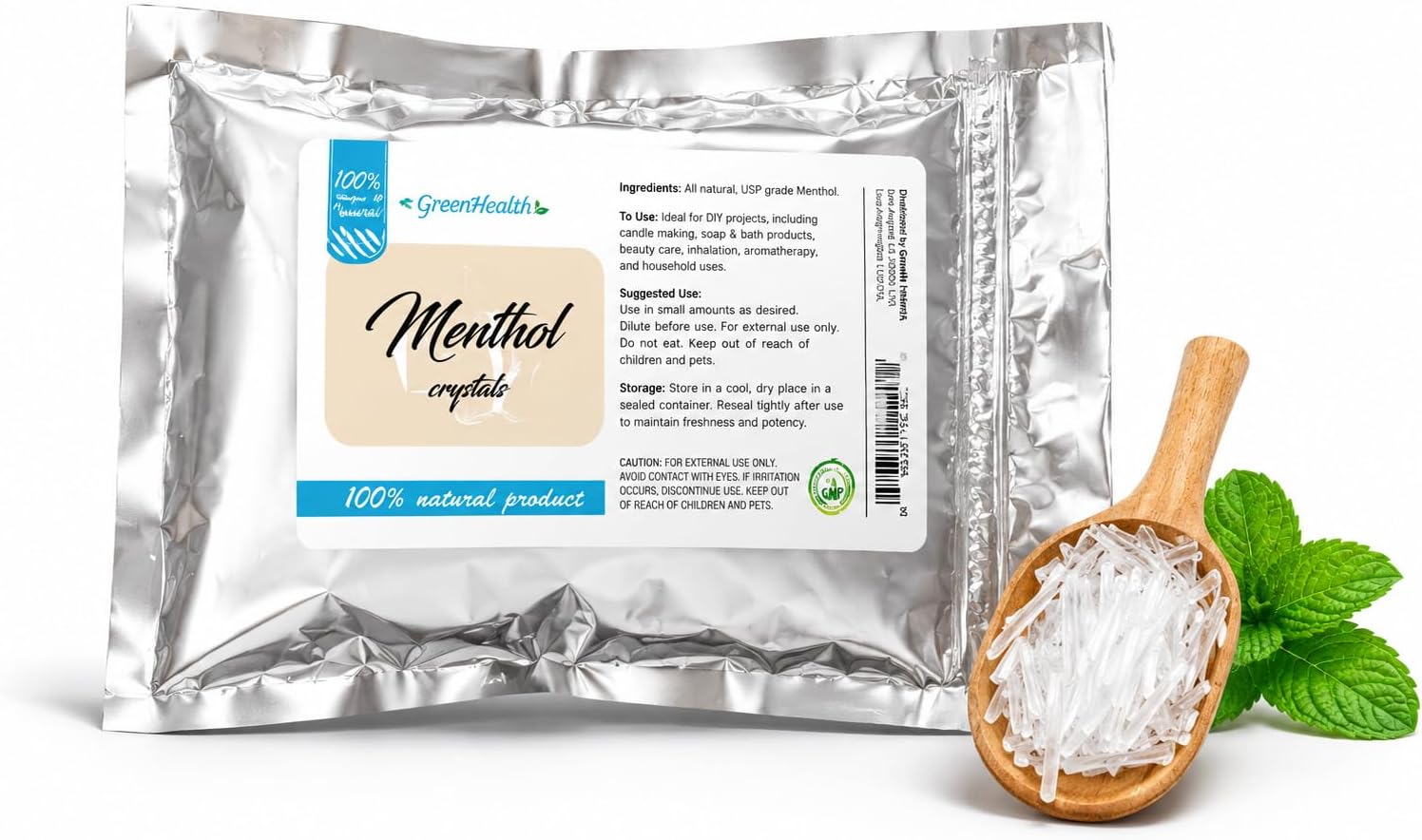 GreenHealth Menthol Crystals 4 oz – 100% Natural | Strong Mint Scent for Aromatherapy, Diffusers, DIY Wax Melts, Soaps | Food-Grade Aluminum Bag