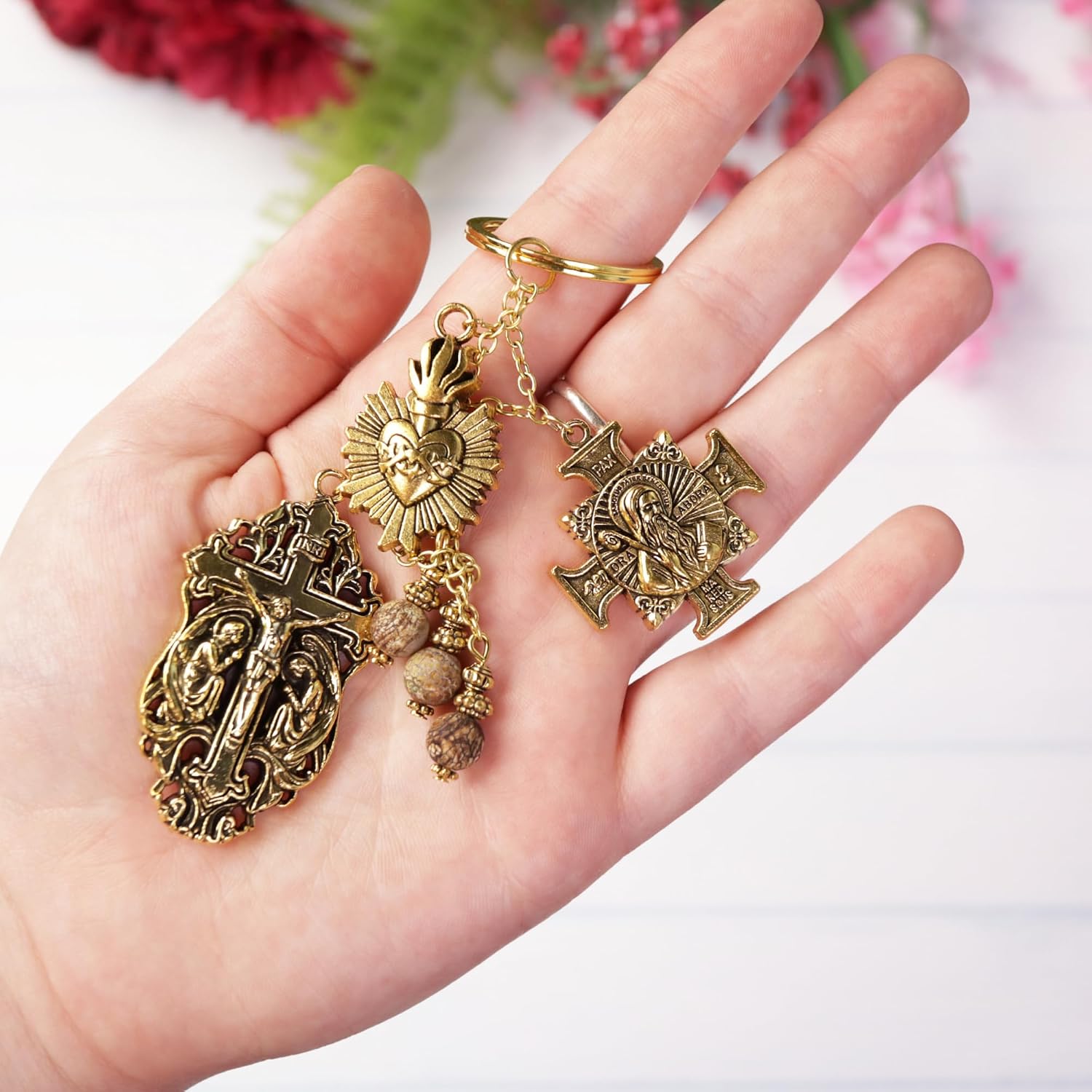 Crucifix, Sacred Heart and St. Benedict Religious Keychain Charms, 5 Inches image 4