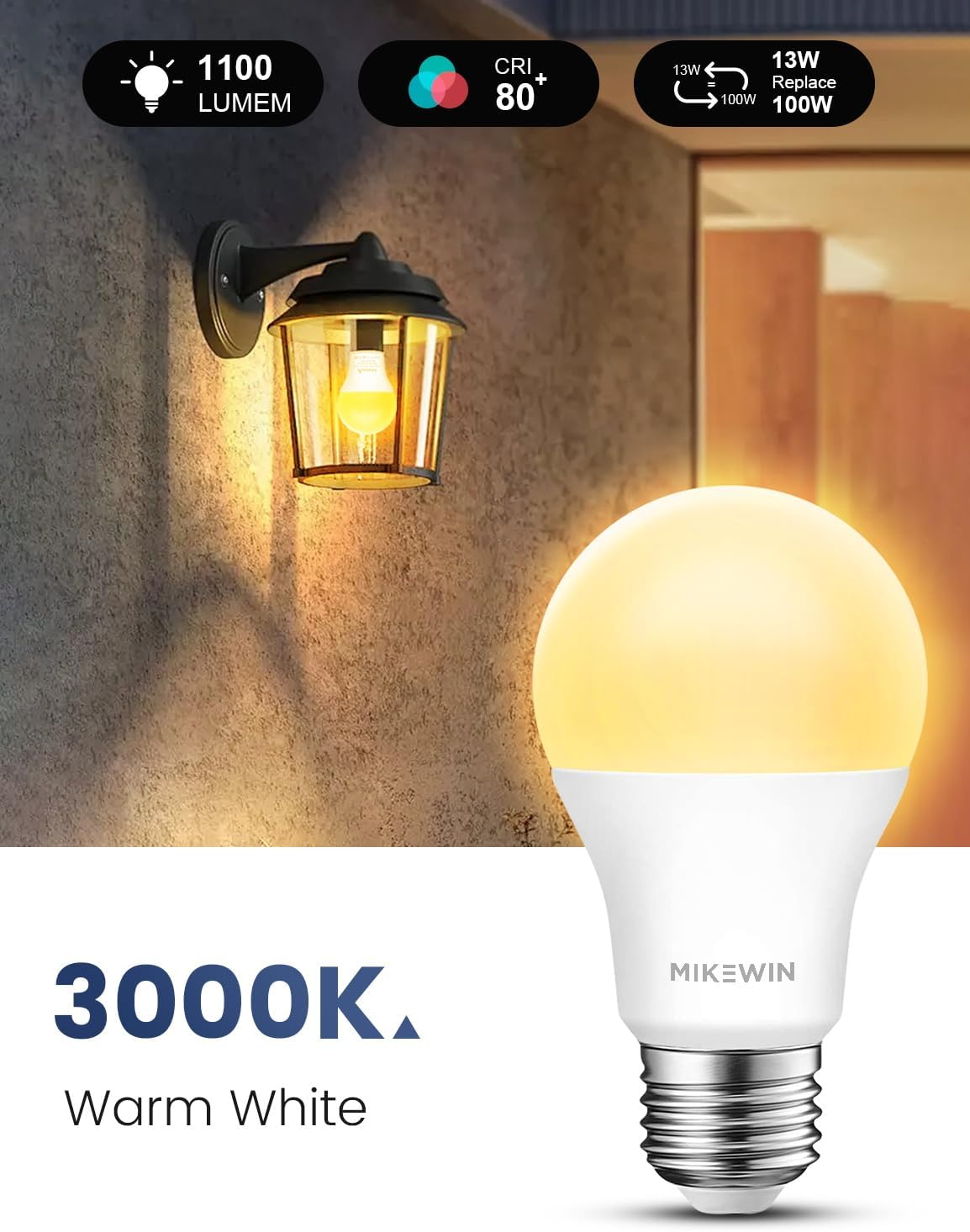 MikeWin Dusk to Dawn Light Bulbs Outdoor, 3000K Warm White, 12W(100W Equivalent) Auto ON/Off Light Sensor LED Lighting Bulb for Wall Lantern, Porch, Boundary, Garage, Patio, Front Door, 4 Pack