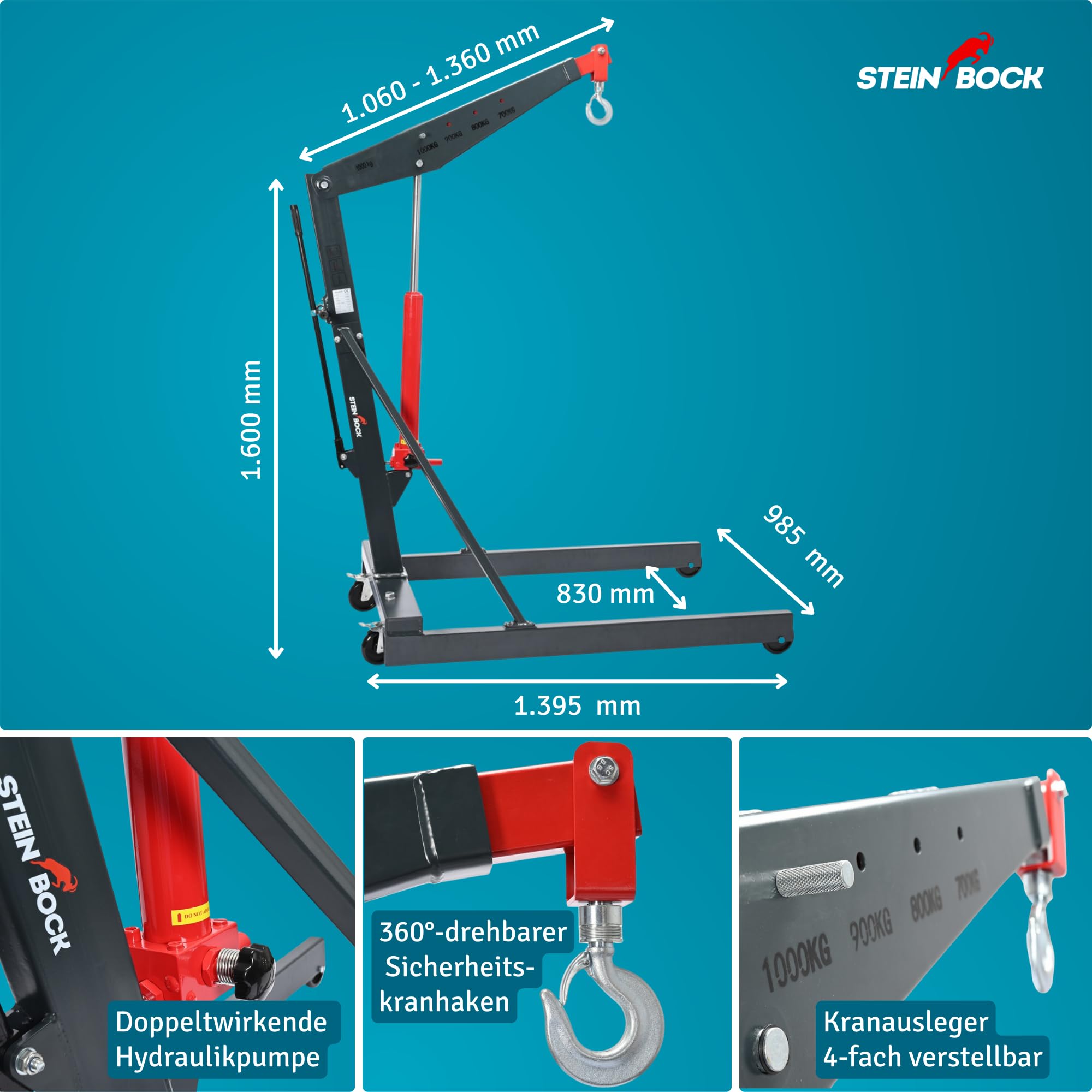 Steinbock Werkstattkran | 1.000 kg Tragkraft | 360° drehbar | 4-fach verstellbar | 2,475 m Hubhöhe | hydraulisch | klappbar | fahrbar | Rot/Grau | aus Stahl | Heben von schweren Lasten | Hebekran