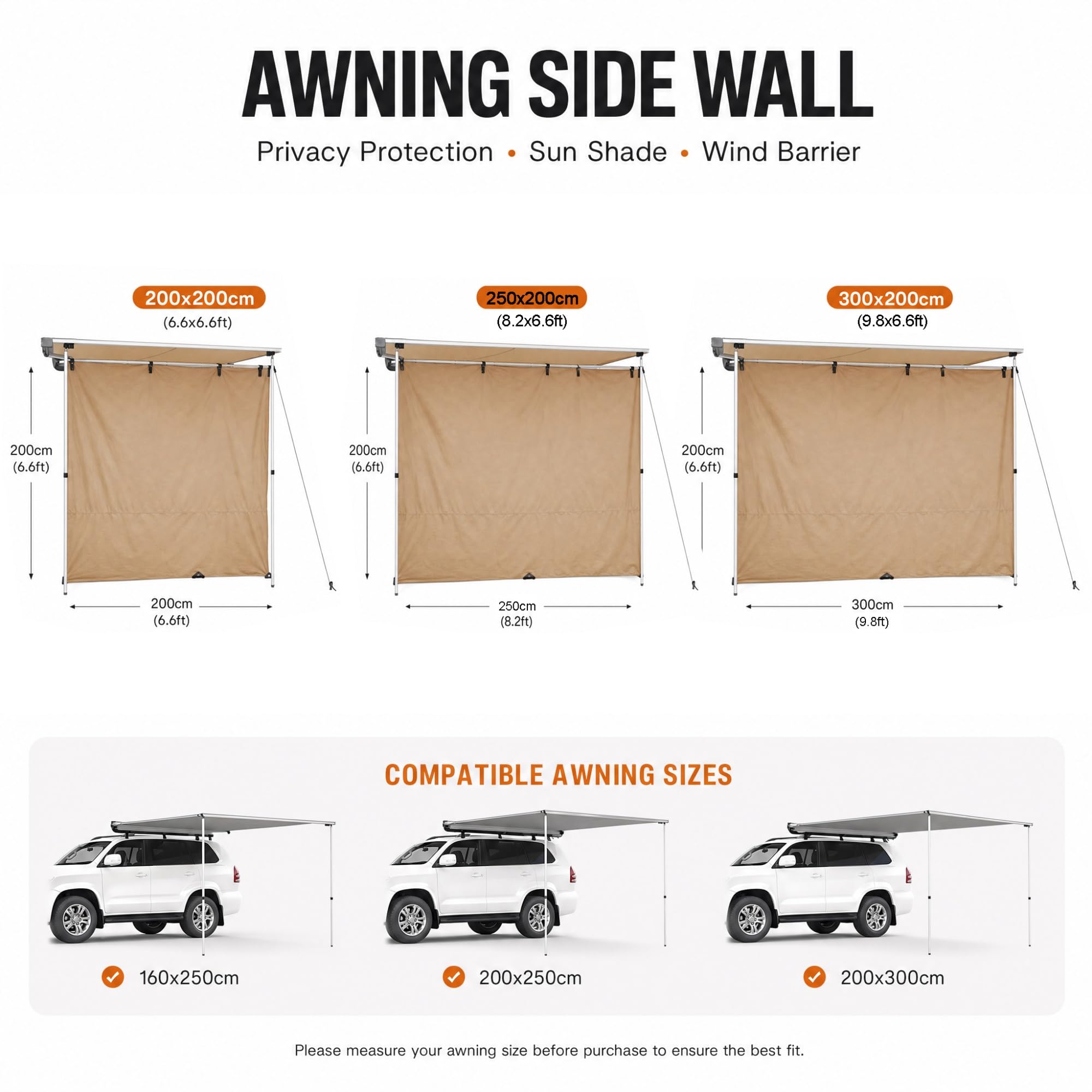 Parete Estensiva per Tendalino di Veicolo, Parete per Tenda Auto in Tessuto Oxford 420D Resistente allo Strappo, Pannello Impermeabile UPF 50+ per Campeggio(Beige,250x200cm/8.2x6.6ft)