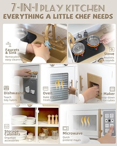 Miniatura 3 de YUG Juego de cocina para niños con luces y sonidos reales, incluye estufa, horno, lavavajillas, máquina de hielo, juguete de cocina para niños y