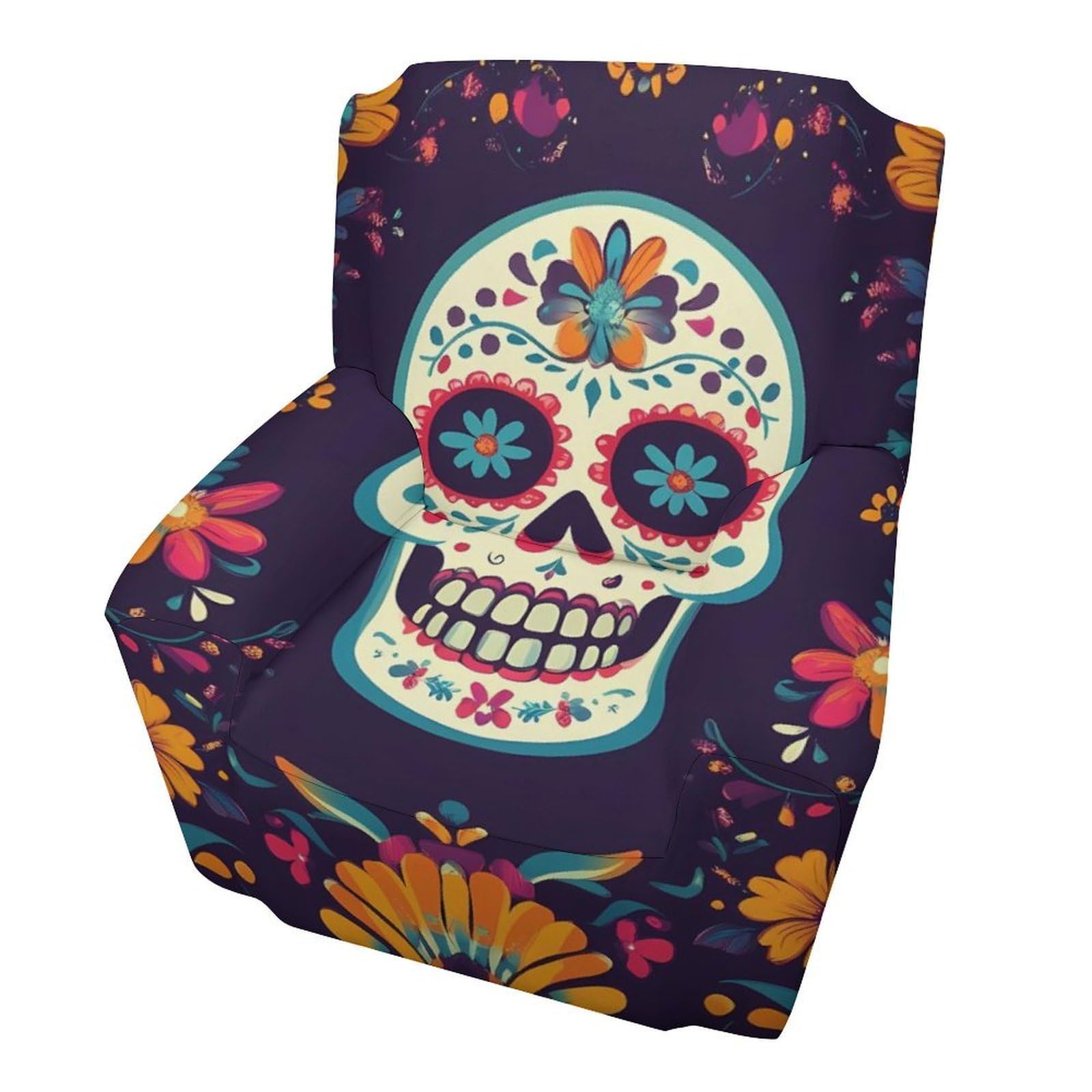 Housse de fauteuil simple motif tête de mort élastique canapé extensible floral squelette
