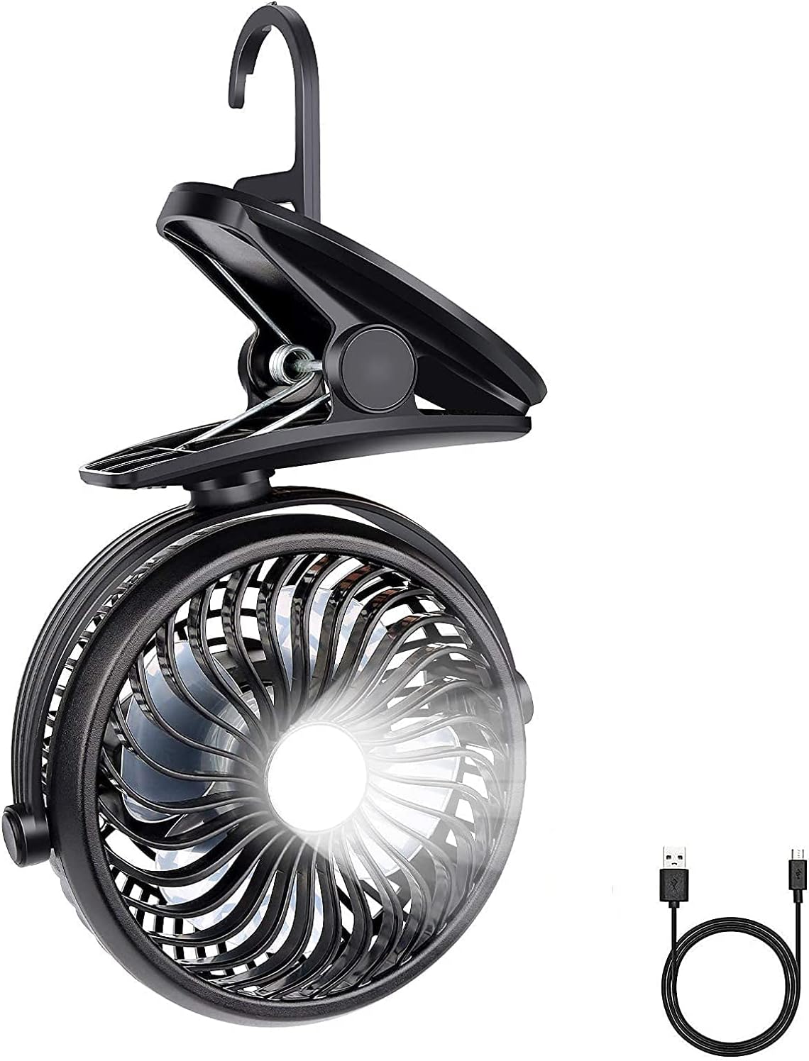 BRIGENIUS Camping Fan, Clip on Fan with LED Lights and Hook, 4 in 1 Camping accessories, Rechargeable 2600mAh Battery/USB Operated Personal Fan for Camping Hiking Baby Stroller Office Outdoor Travel