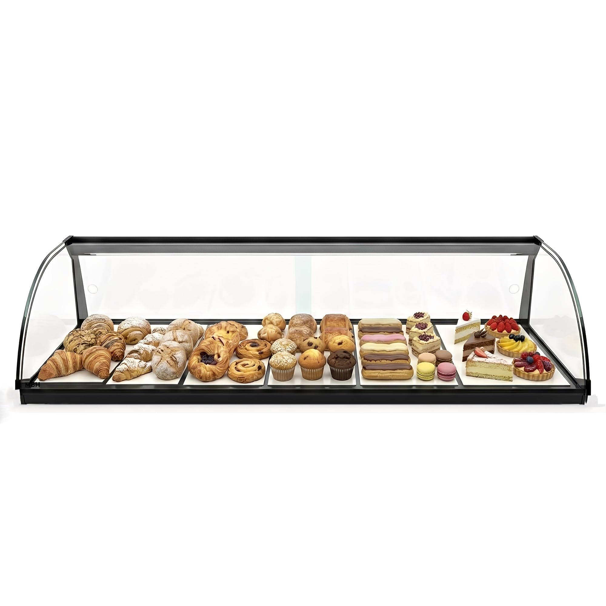 MBH - Vitrina Expositora Neutra de Sobremostrador 119 cm, Cristal Curvo Templado, 1 Piso, sin Iluminación LED, con Puertas Traseras Correderas, para Bar, Cafetería, Restaurante, Bollería y Repostería.