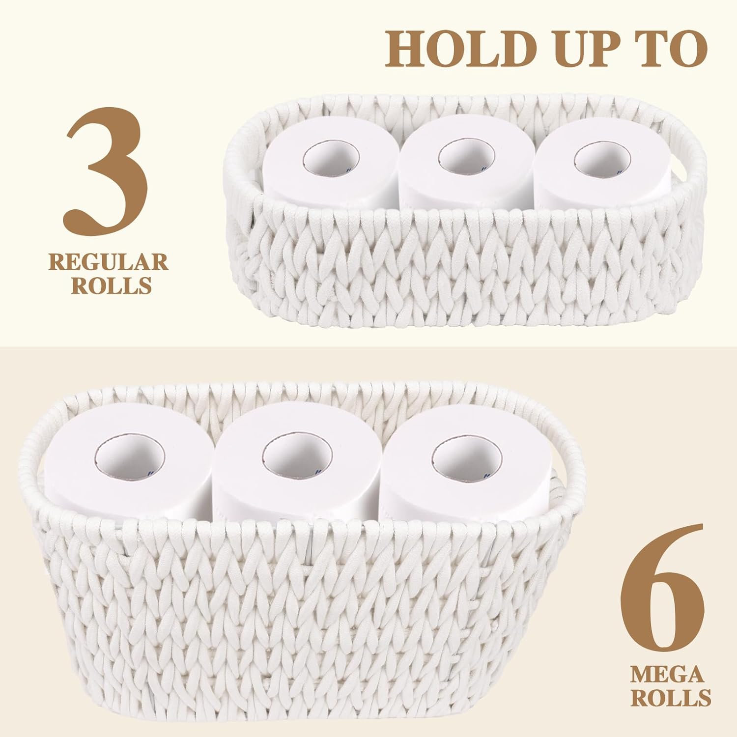 Boho Toilet Paper Storage Baskets, Cotton Rope Woven Bathroom Basket Set of 2, Standing Toilet Paper Holder for 6 Mega Rolls,Storage Bins for Toilet Tank Top, Bathroom Organizer Decor (White 2 Pack)