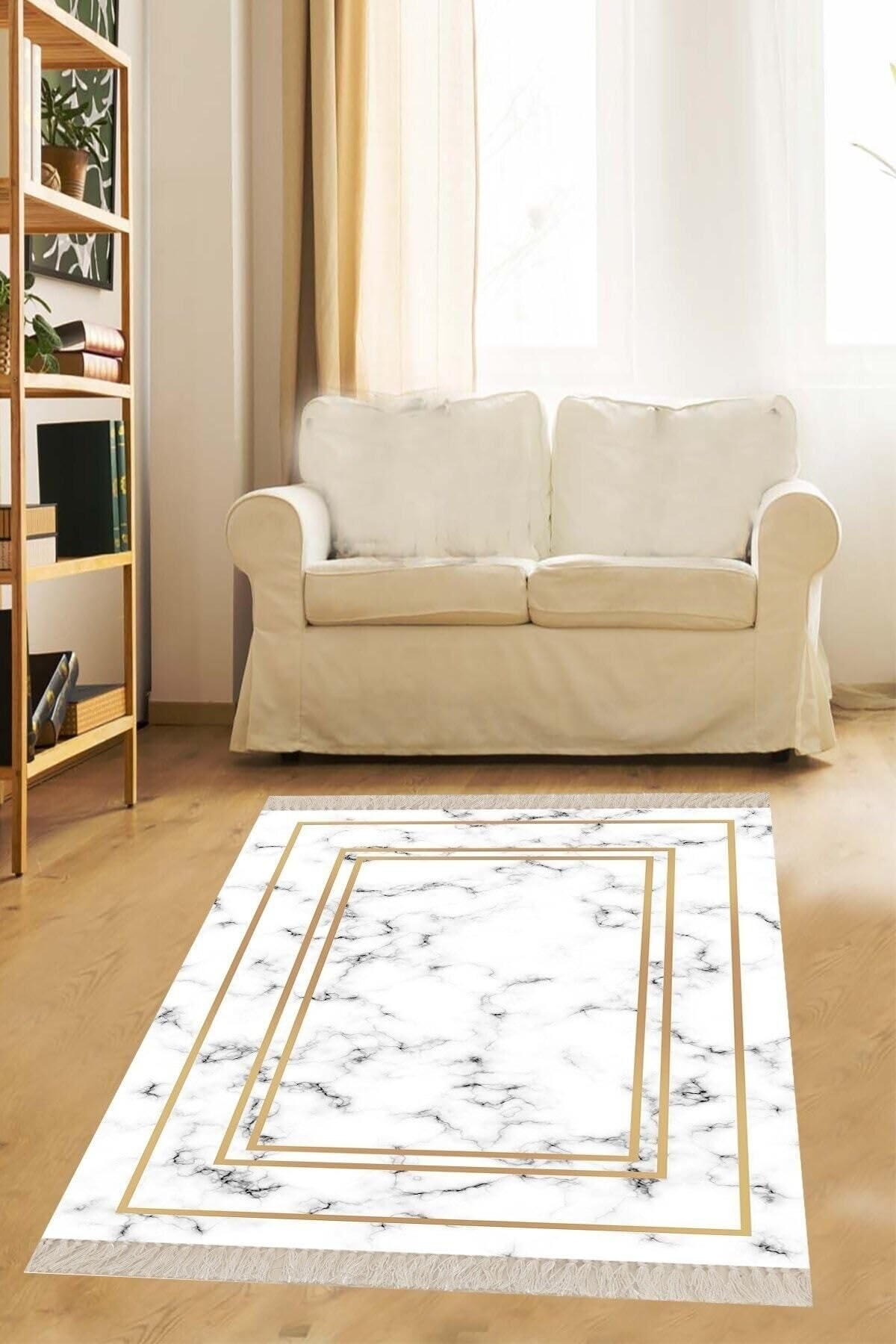 Pelangi Beyaz Zemin Gold Çerçeveli Mermer Desenli Dijital Baskı Yıkanabilir Modern Salon Halı Ve Yolluk, Gold-Beyaz 160 x 250