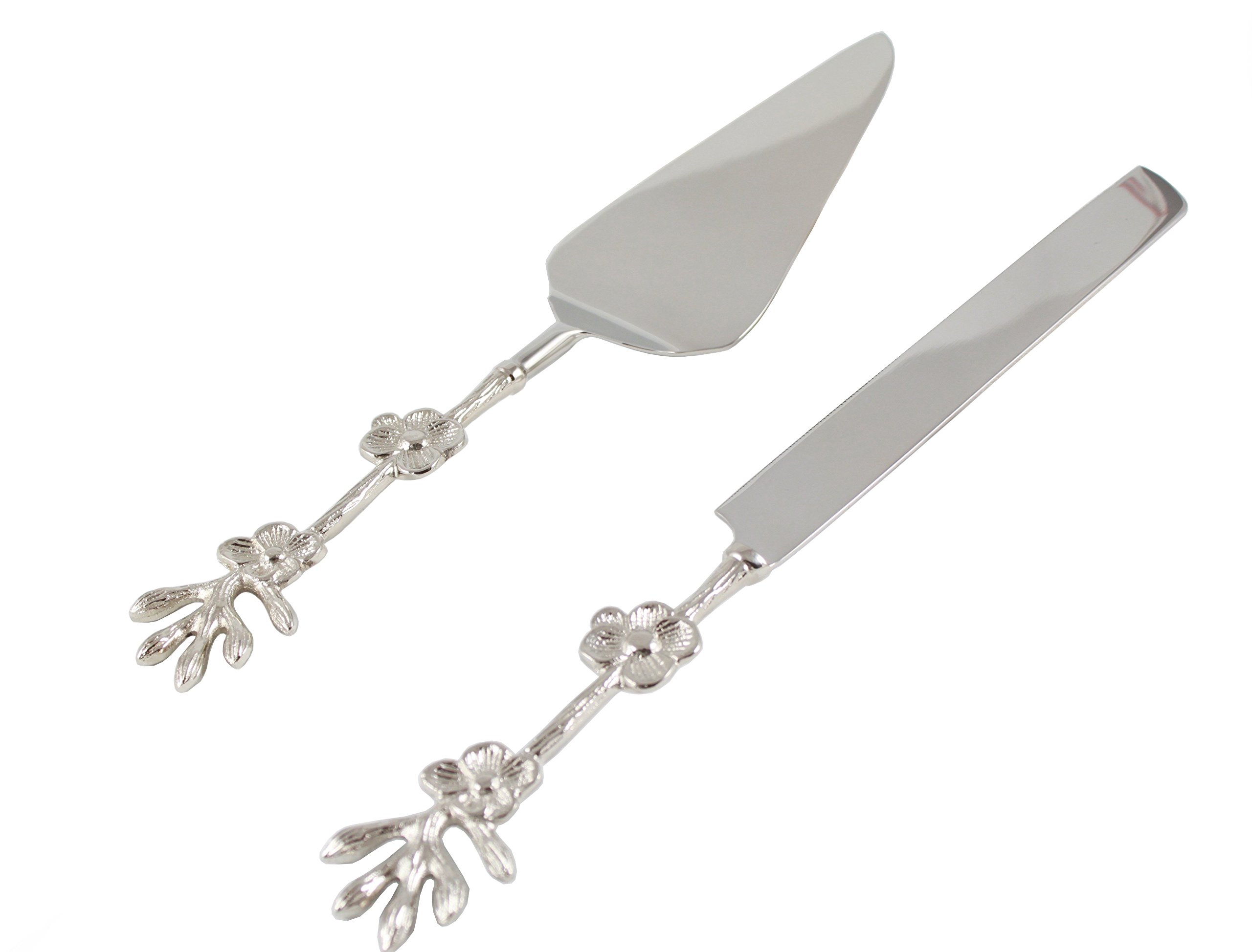 Server Set, Cake, Pie, Desert Flatware Set, Flower design, 2-piece 18/10 Stainless steel with brass handles (light antique silver finish)