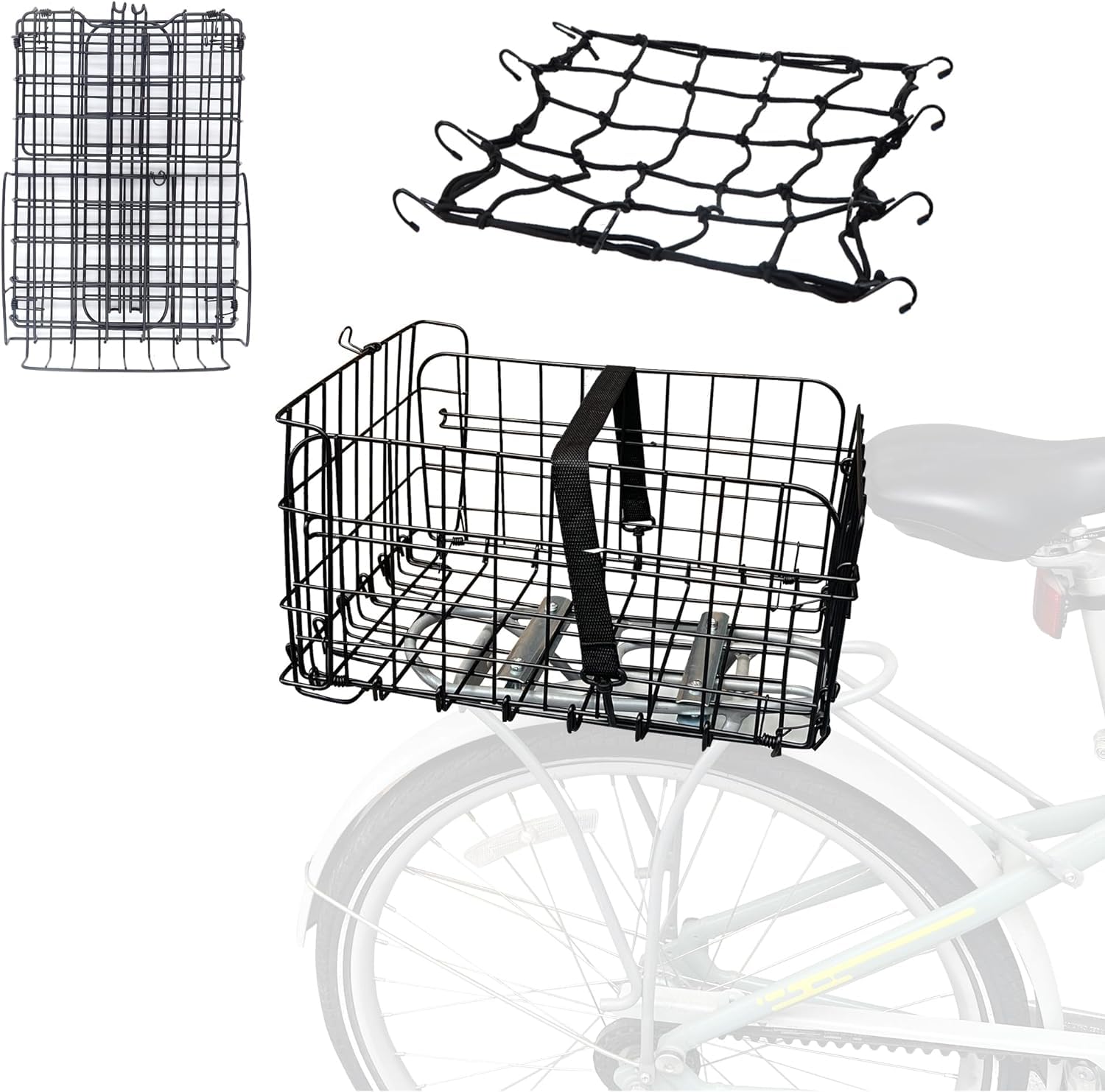 MEGHNA Składany kosz rowerowy z tyłu, stabilny kosz rowerowy, metalowy kosz na bagażnik rowerowy, otwierany