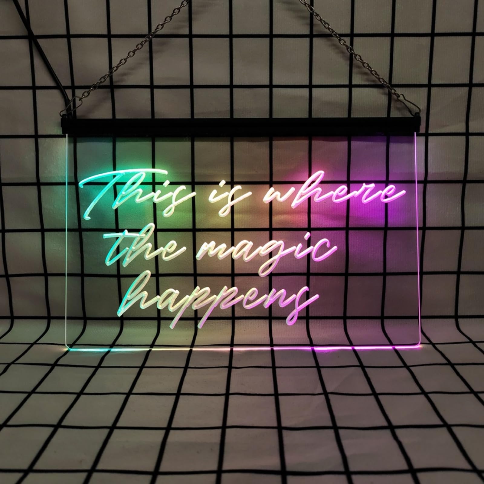 This is where the magic happens Neonowy szyld do dekoracji ścian – ściemniane neonowe światła LED RGB (zasilanie USB), sterowane aplikacją; idealne na pokazy magiczne,40x30cm