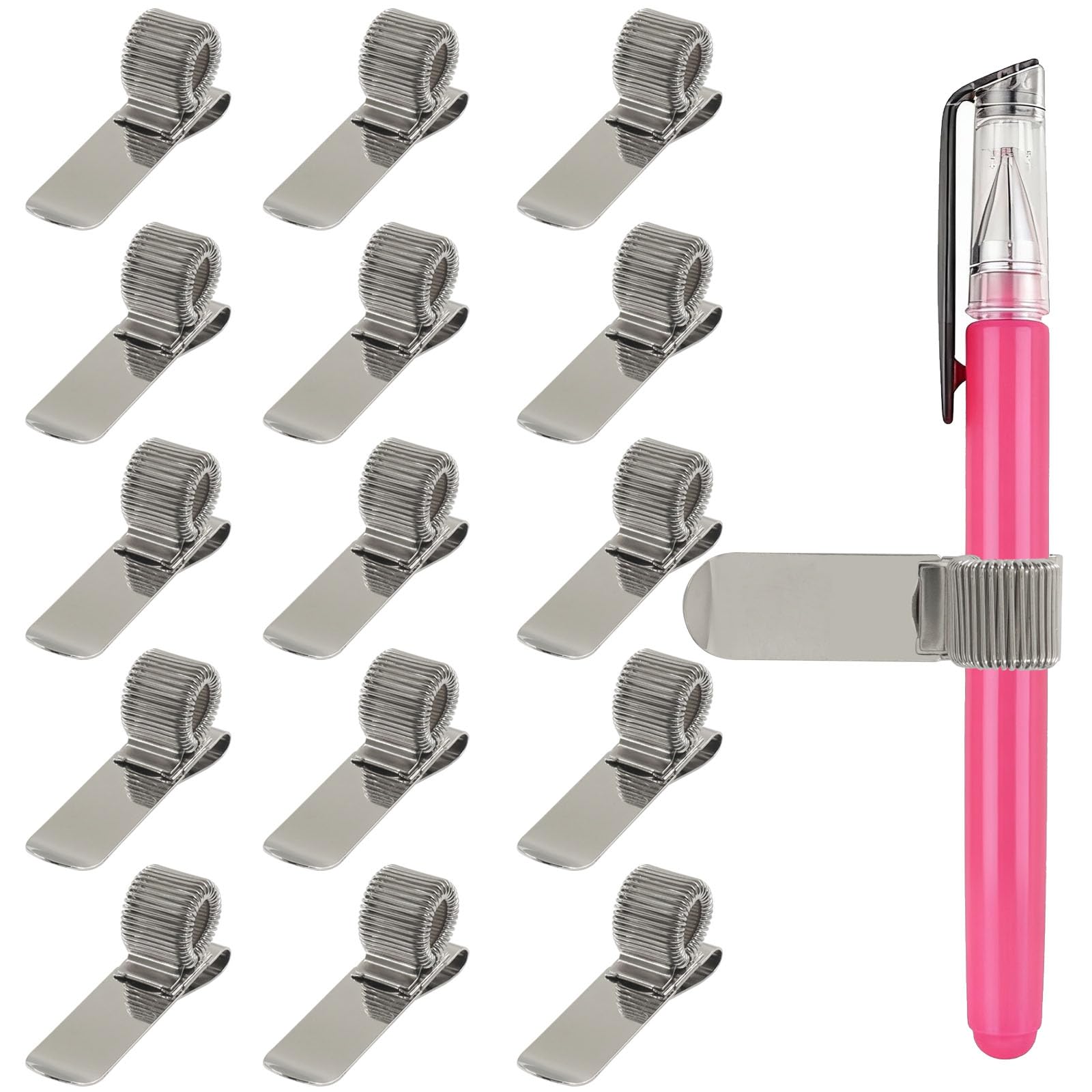 Porte-stylo argenté en métal avec boucle réglable pour journal et bureau (Lot de 15)