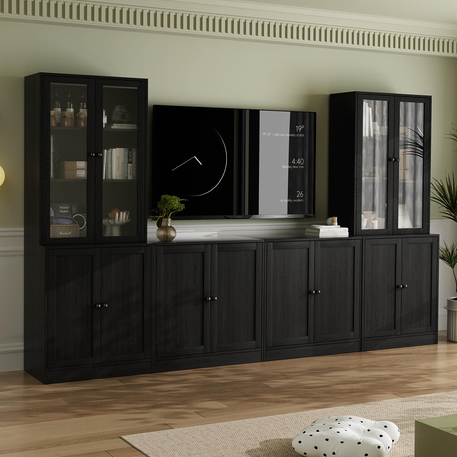 VOWNER Grand Meuble TV Bibliothèque pour Télé jusqu'à 70", 280x180.3x40cm Meuble TV Suspendu avec Portes en Verre et Étagères, Meuble Télé Bois pour Salon, 2B+2E (Noir)
