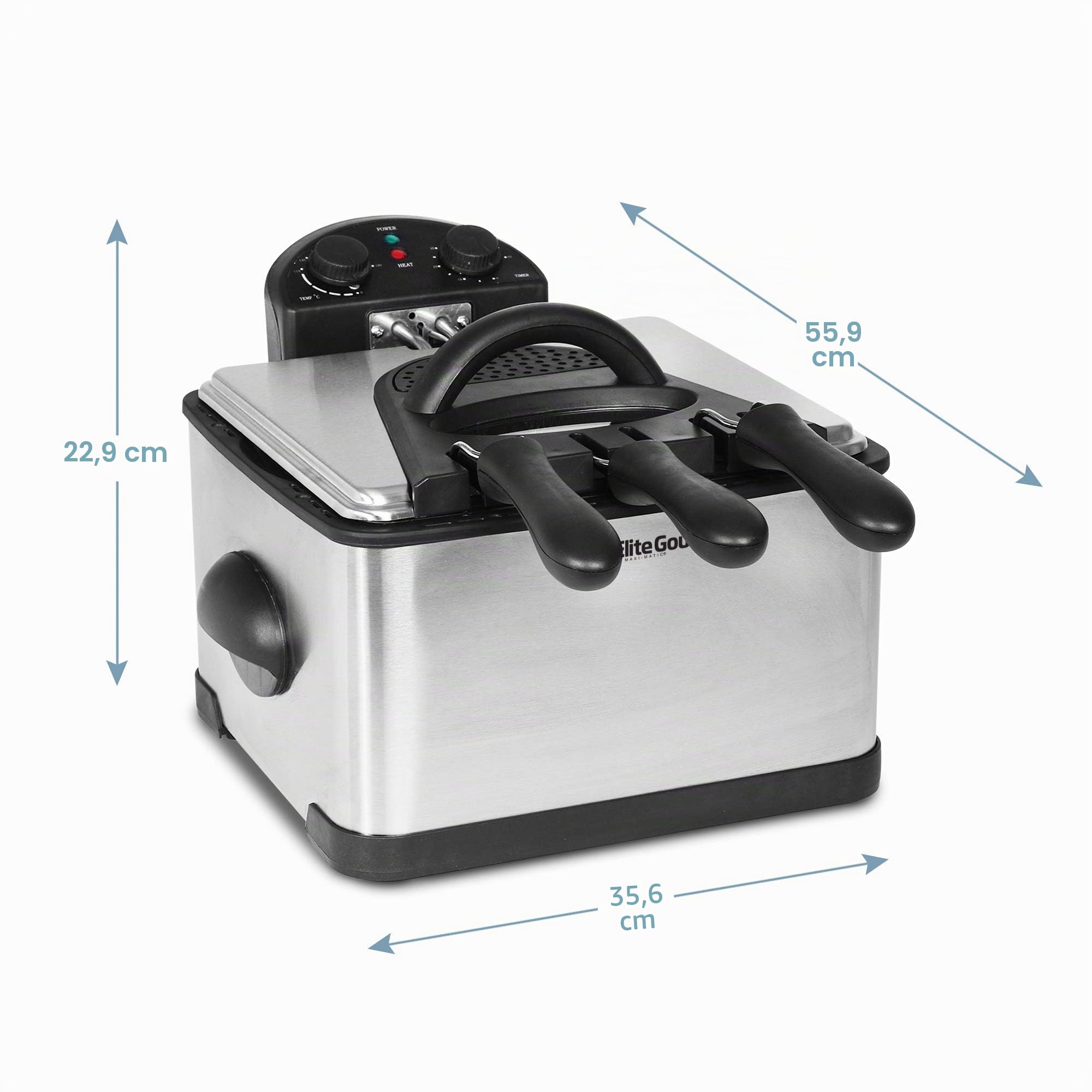 Elite Gourmet EDF-401T Friteuse électrique à 3 paniers, 1 700 W, minuteur, température réglable, couvercle avec fenêtre d’observation et filtre anti-odeur