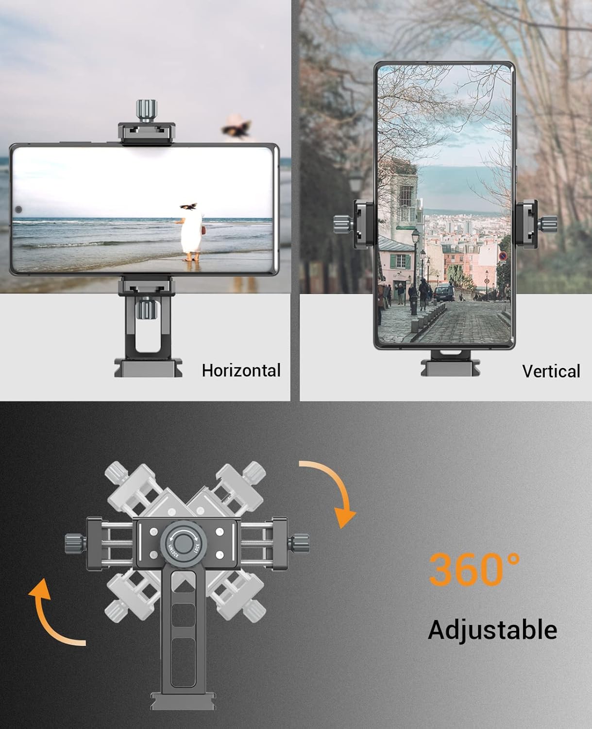 360° Metal Phone Tripod Mount 2 Cold Shoes & Arca Port,Phone Holder Stand with 4 * 1/4" Screw Mount,Support Vertical & Horizontal Rotate Suitable for iPhone 15 Pro/14Pro/13Pro/12/11/Samsung