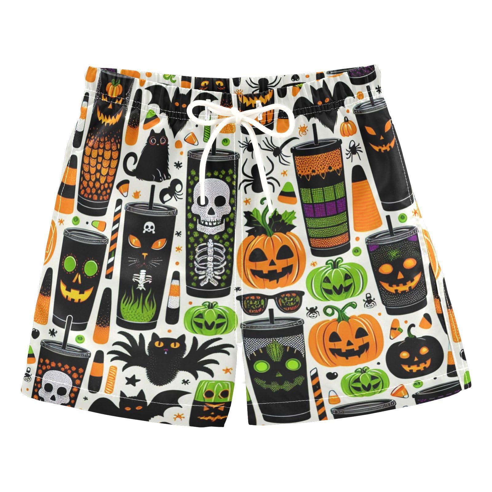 YANENDIE Boy Swim Trunks Halloween Milk Tea Tumblers Summer Beach Quick Dry Swimsuit Bathing Suit, 2-8T
