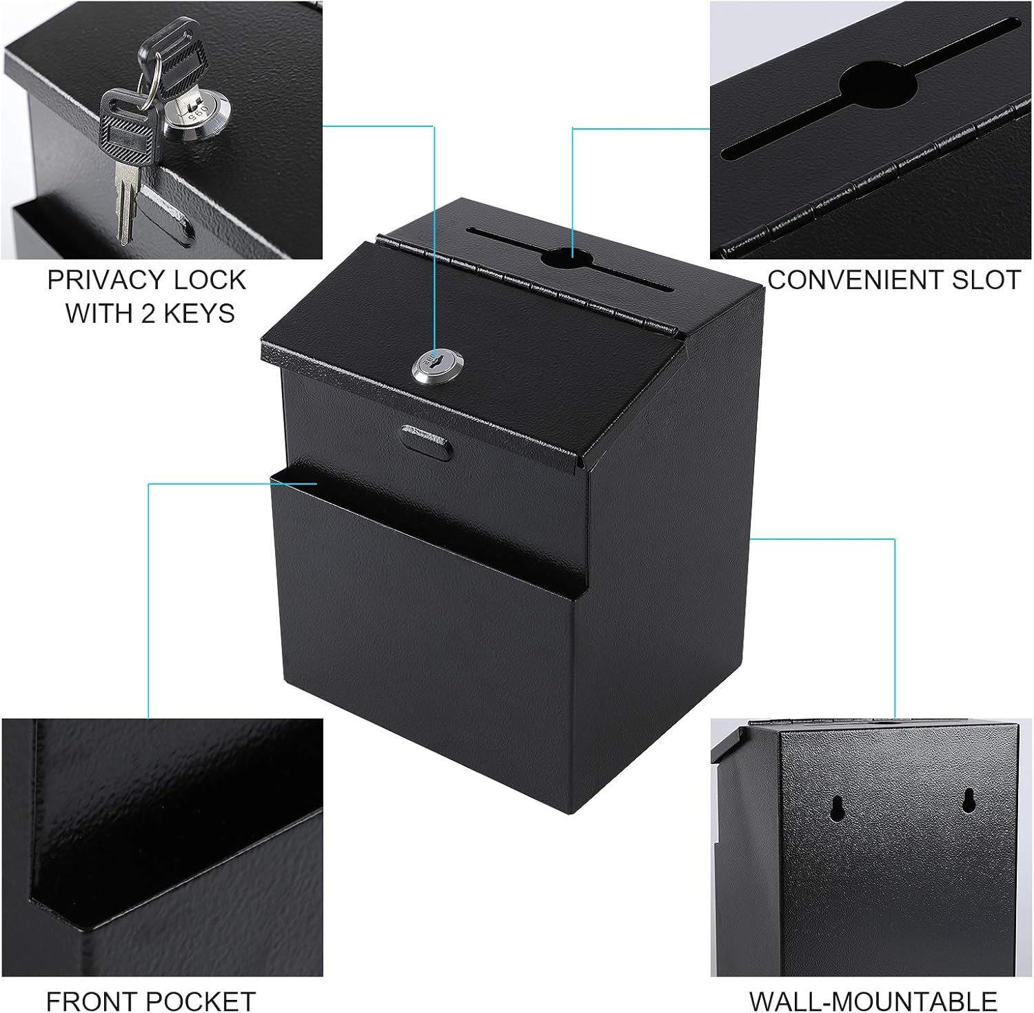 xydled Suggestion Box with Lock Wall Mountable Donation Box Ballot Box Voting Box Collection Box Key Drop Box with 50 Free Suggestion Cards 7.3"x 5.9"x 8.3" Metal Black : Office Products