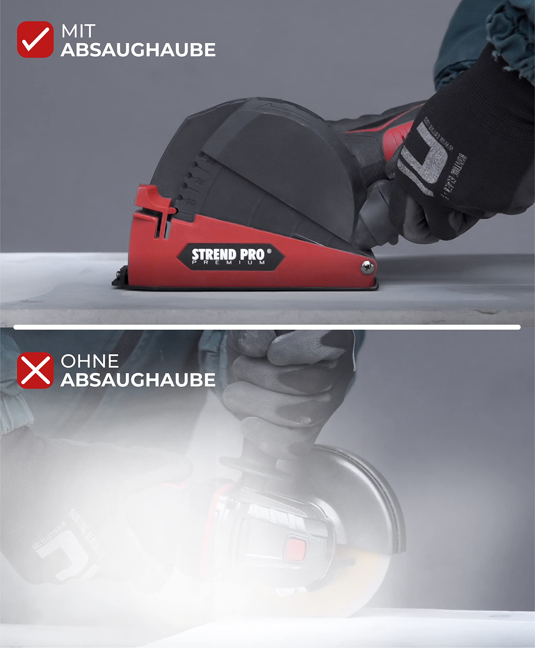 STREND PRO Absaughaube 125 mm Universal Fit Flex Absaugung für Winkelschleifer 125 mm mit 3 Adaptern 39/45/50 mm und 1 Unterlegscheibe