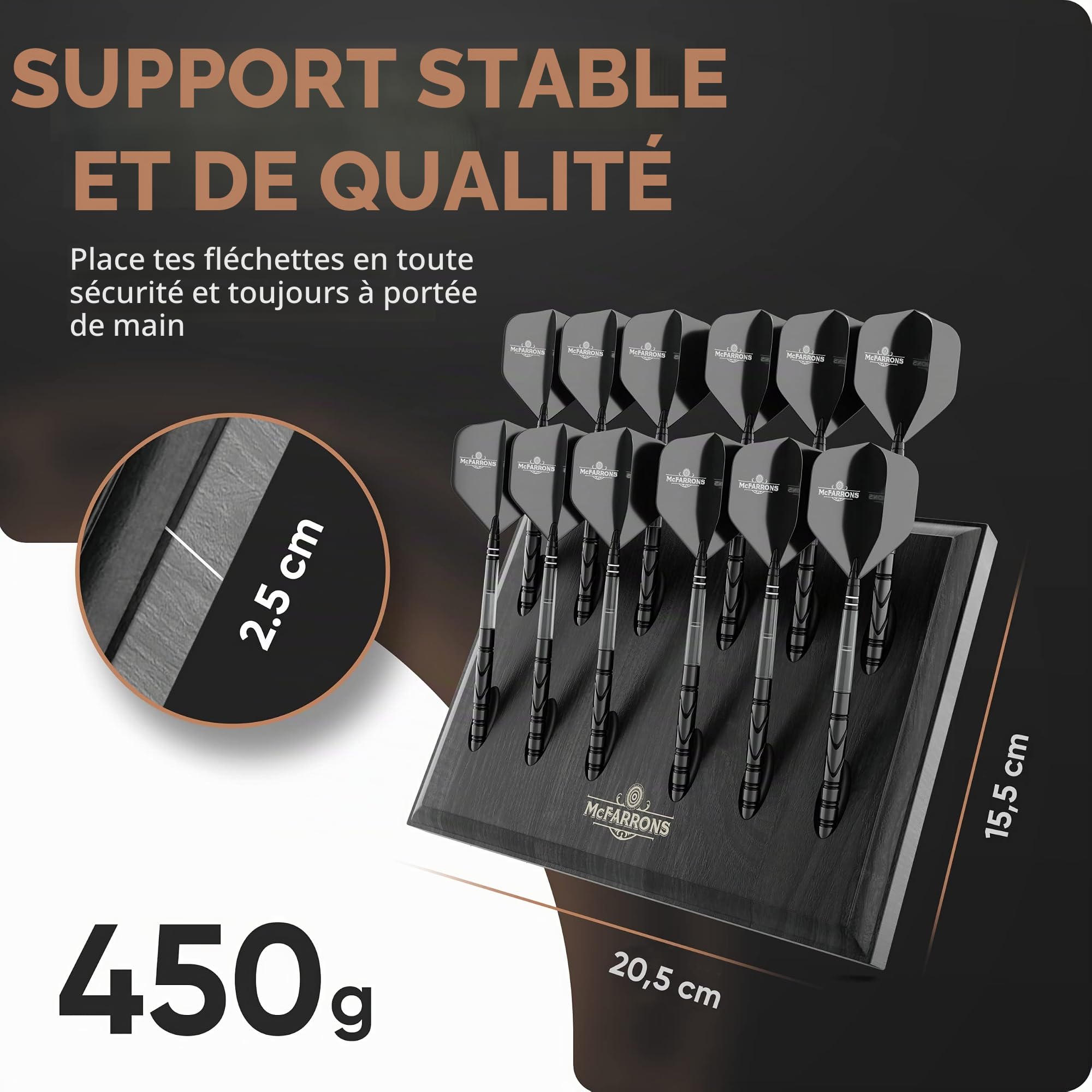 Support de fléchettes en bois pour 12 fléchettes - Rangement mural pratique comme accessoire pour tout type de cible - Convient pour les fléchettes en acier et les fléchettes souples.