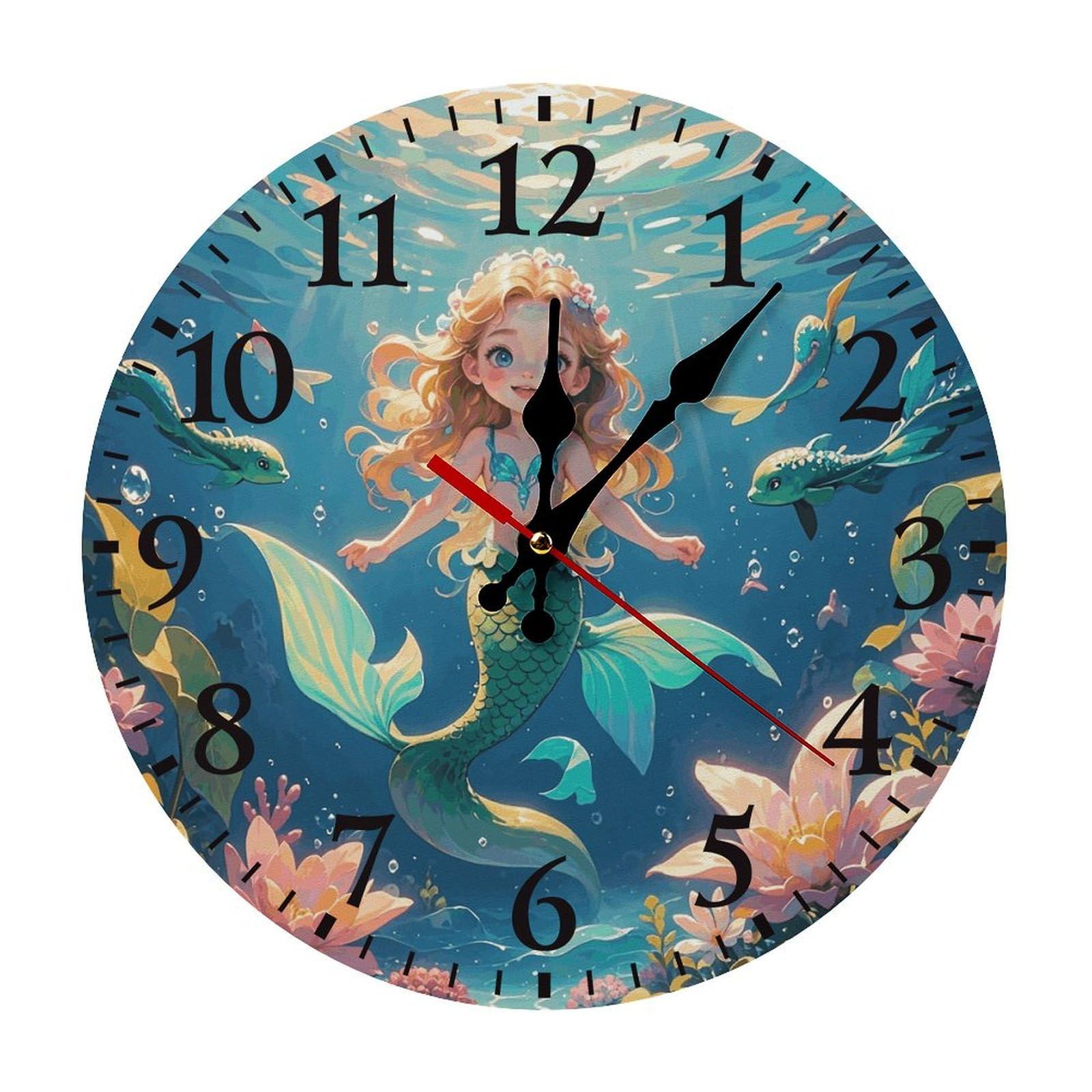 QMNLKH Mermaid Wall Clock for Home, Battery Operated Clock for Hotel, Round Wall Clock with Arabic Numerals Black, Easy to Read, Non-Ticking Clocks for Living Room 25 * 25cm