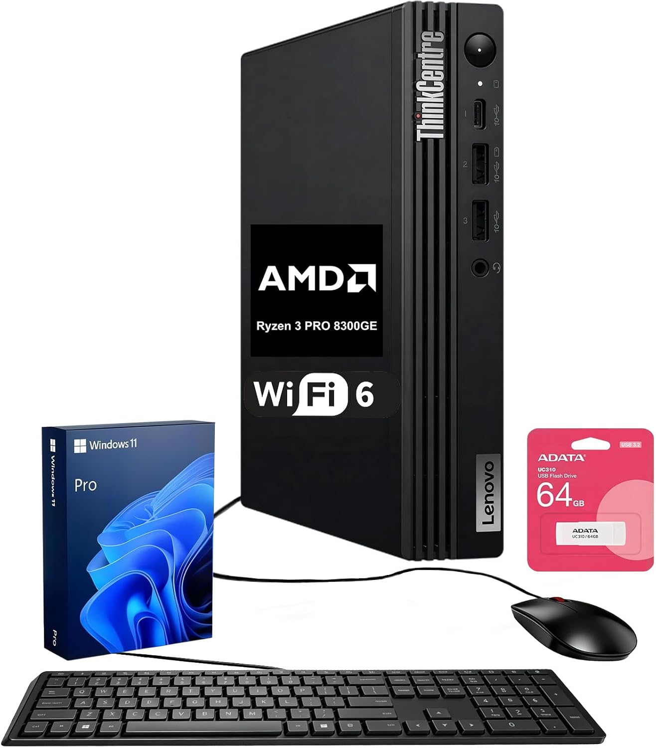 Lenovo ThinkCentre M75q Tiny Business Desktop, AMD 4-Core Ryzen 3 8300GE, 16GB DDR5, 1TB SSD, Support 2-Monitor 4K, HDMI, DP, Wi-Fi 6, Wired KB & Mouse, Windows 11 Pro, Bundle ADATA 64GB Flash Drive