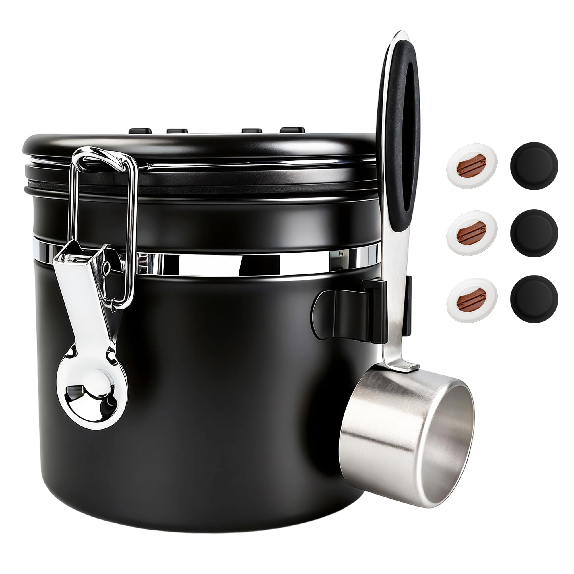ShanSon Coffee Canister Airtight, Stainless Steel Bean Storage Container with Date Tracker &amp; Scoop, Grounds Sugar Flour Tea Cereal Fits Kitchen Pantry, Ideal Gift for Coffee Lovers,12oz, Black