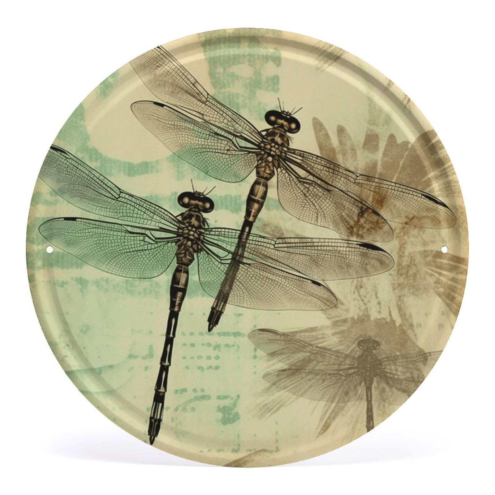 Fodpand Style Dragonfly Dragonflies Vintage Round Wall Art Hanging Decorations, Wall Decor Modern Minimalist Artwork, Tin Sign Hanging Picture For Living Room, Bedroom, Office, Hallway, 11.8X11.8 Inch