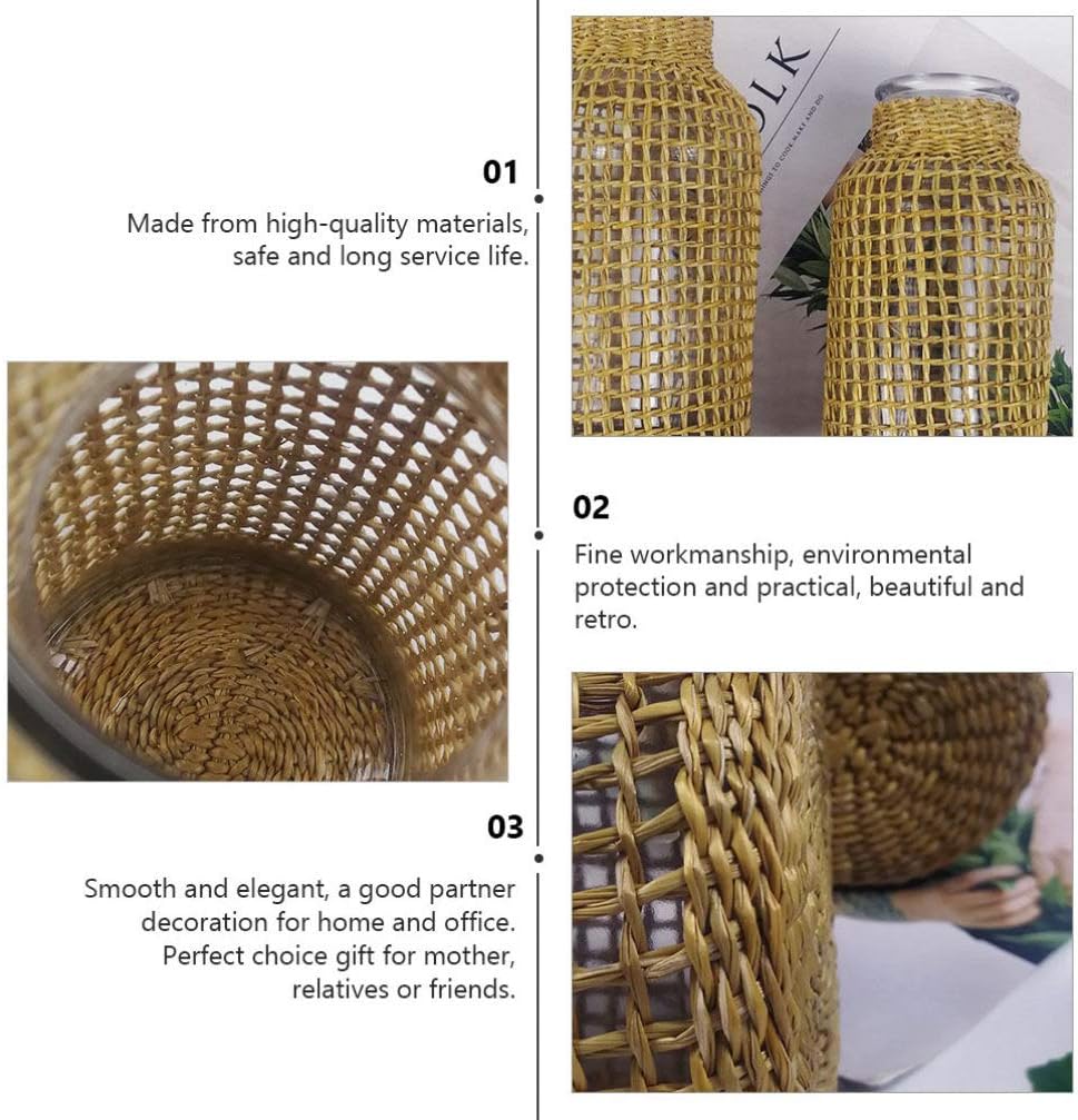 DOITOOL Rattan Vase Boho Woven Glass Vase, Country Rustic Style Wicker Floral Container, Farmhouse Flower Bottle for Floral Arrangements Housewarming Wedding Party Decoration (S+L)