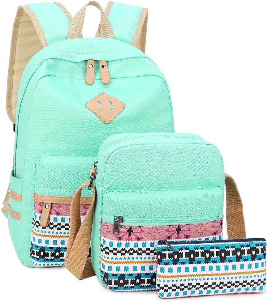 School Backpack Set Students Casual Travel School Bookbag Teens Girls Boys Schoolbag (Green)