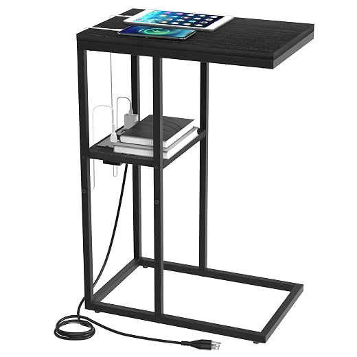 Yoobure C Shaped End Table with Charging Station, Small Side Tables for Living Room, Bedroom, Sofa Table with USB Ports and Outlets for Small Spaces C Couch Table Rustic Snack Table Bed Side Table