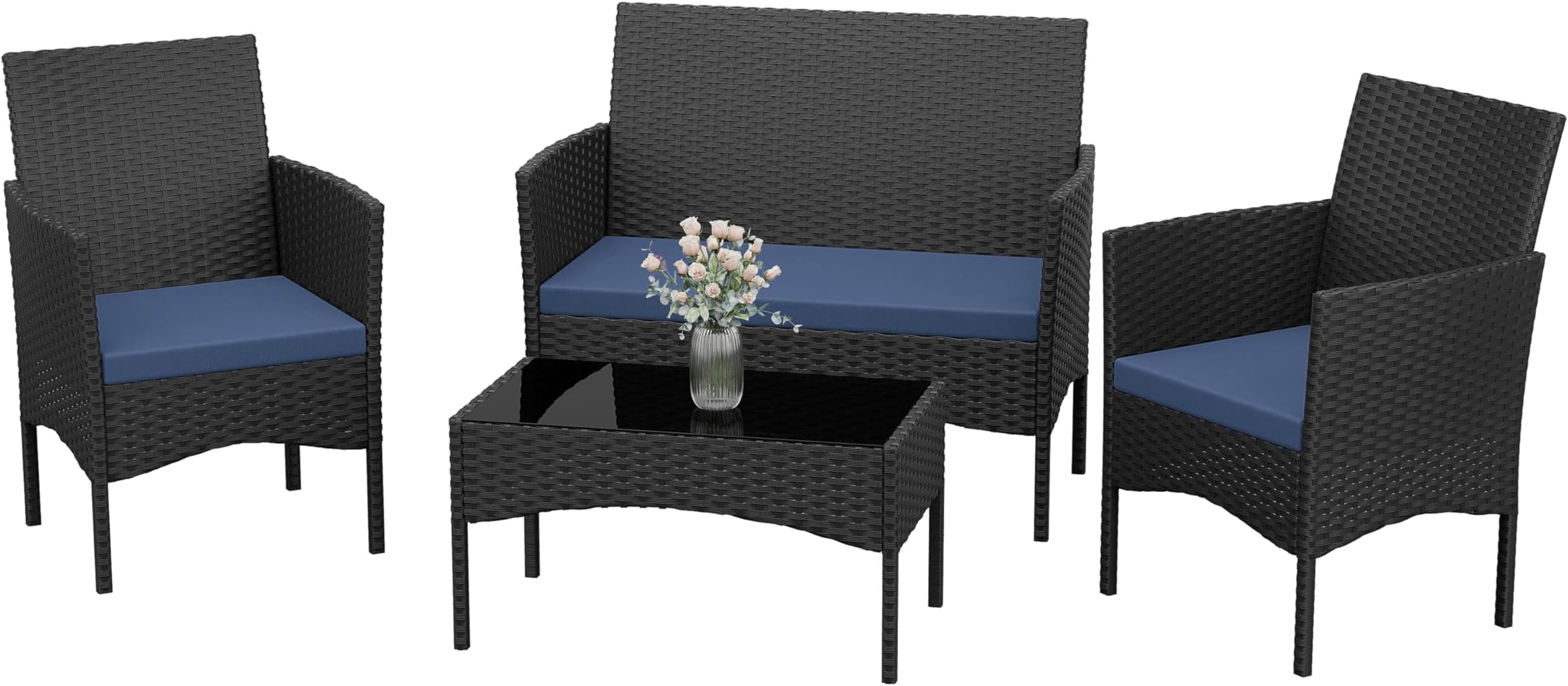 Kurapika Patio Furniture Set 4 Pieces Outdoor Wicker Rattan Chairs Conversation Sets w/Coffee Table, Rocking Bistro Set, for Deck,Patio,Backyard,Lawn (Navy Blue)