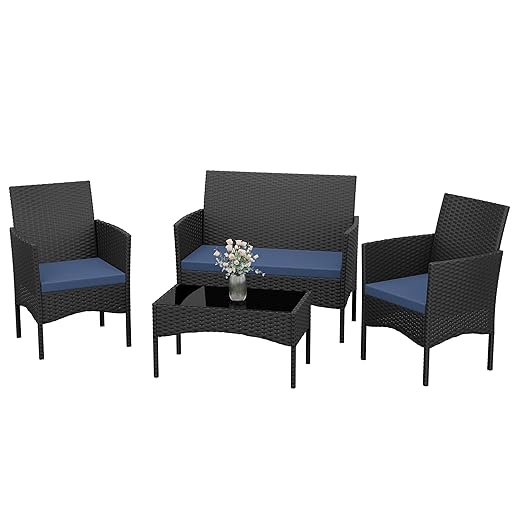 Kurapika Patio Furniture Set 4 Pieces Outdoor Wicker Rattan Chairs Conversation Sets w/Coffee Table, Rocking Bistro Set, for Deck,Patio,Backyard,Lawn (Navy Blue)
