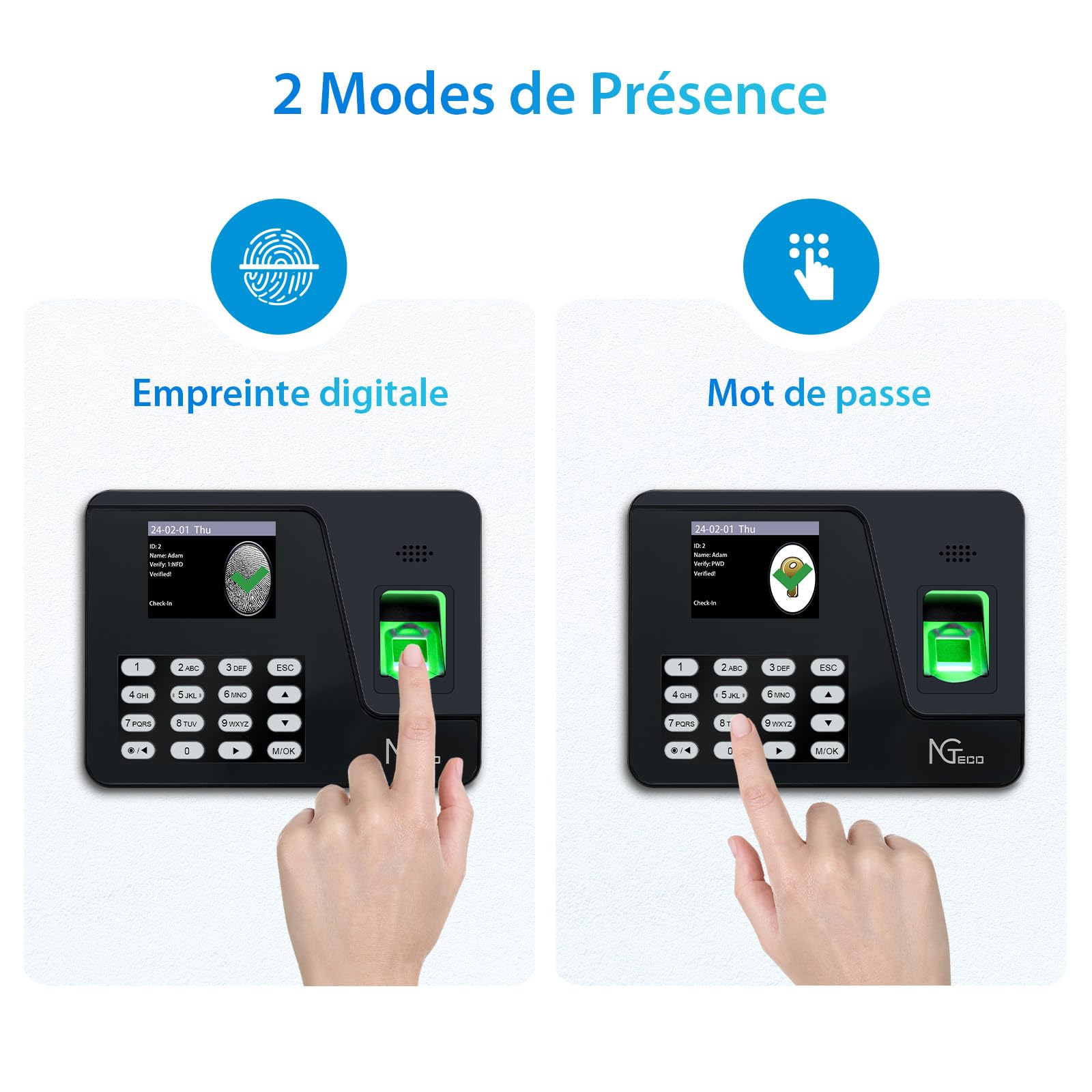 NGTeco Pointeuse Horaire Personnel pour Les organisations de Moins de 1000 employés, avec calcul Automatique, Horloge biométrique à Empreintes digitales AS10 avec USB 8 GB (Français)